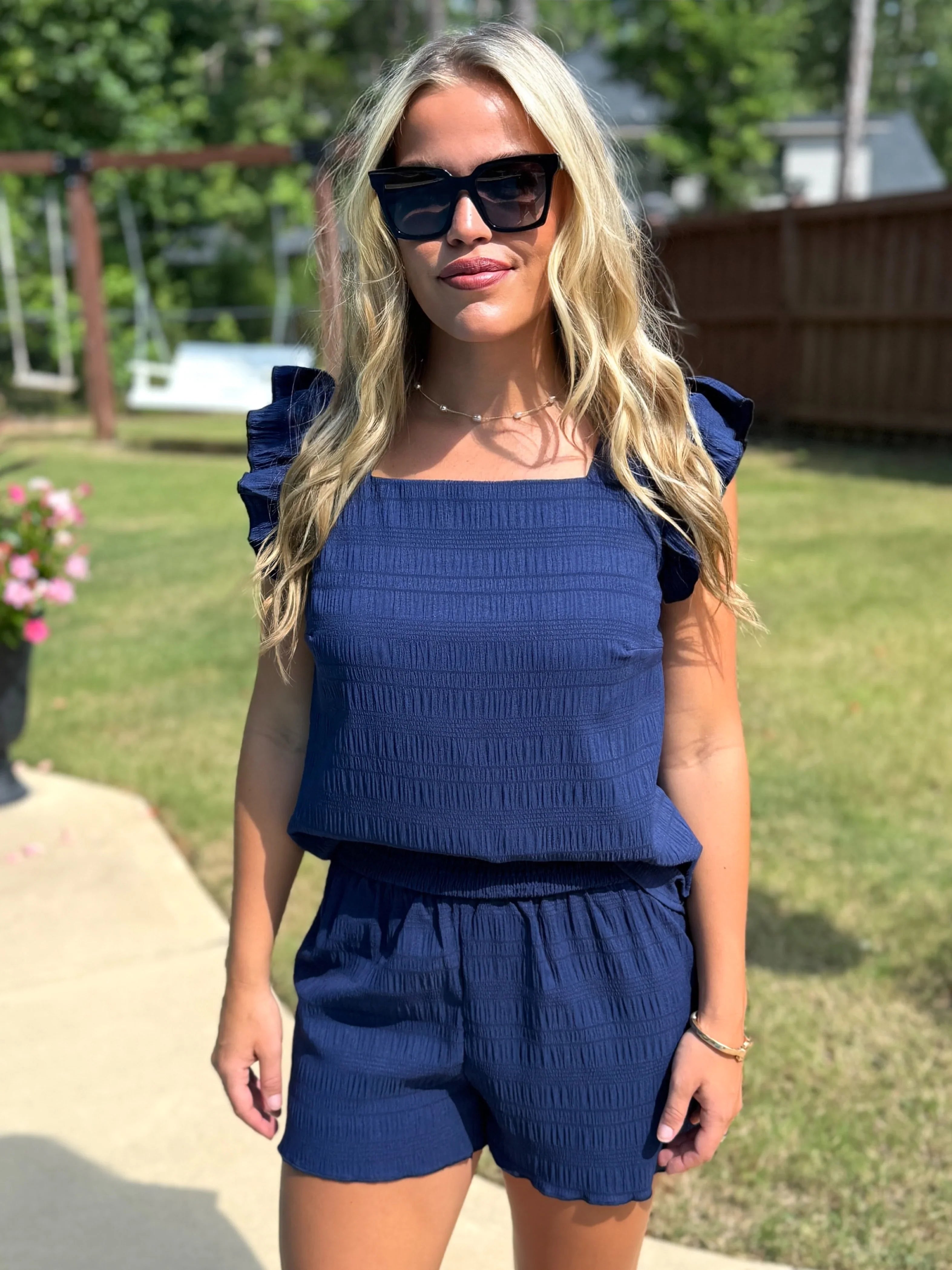 MILLIE Navy Textured Top/Shorts Set - Sassy and Southern