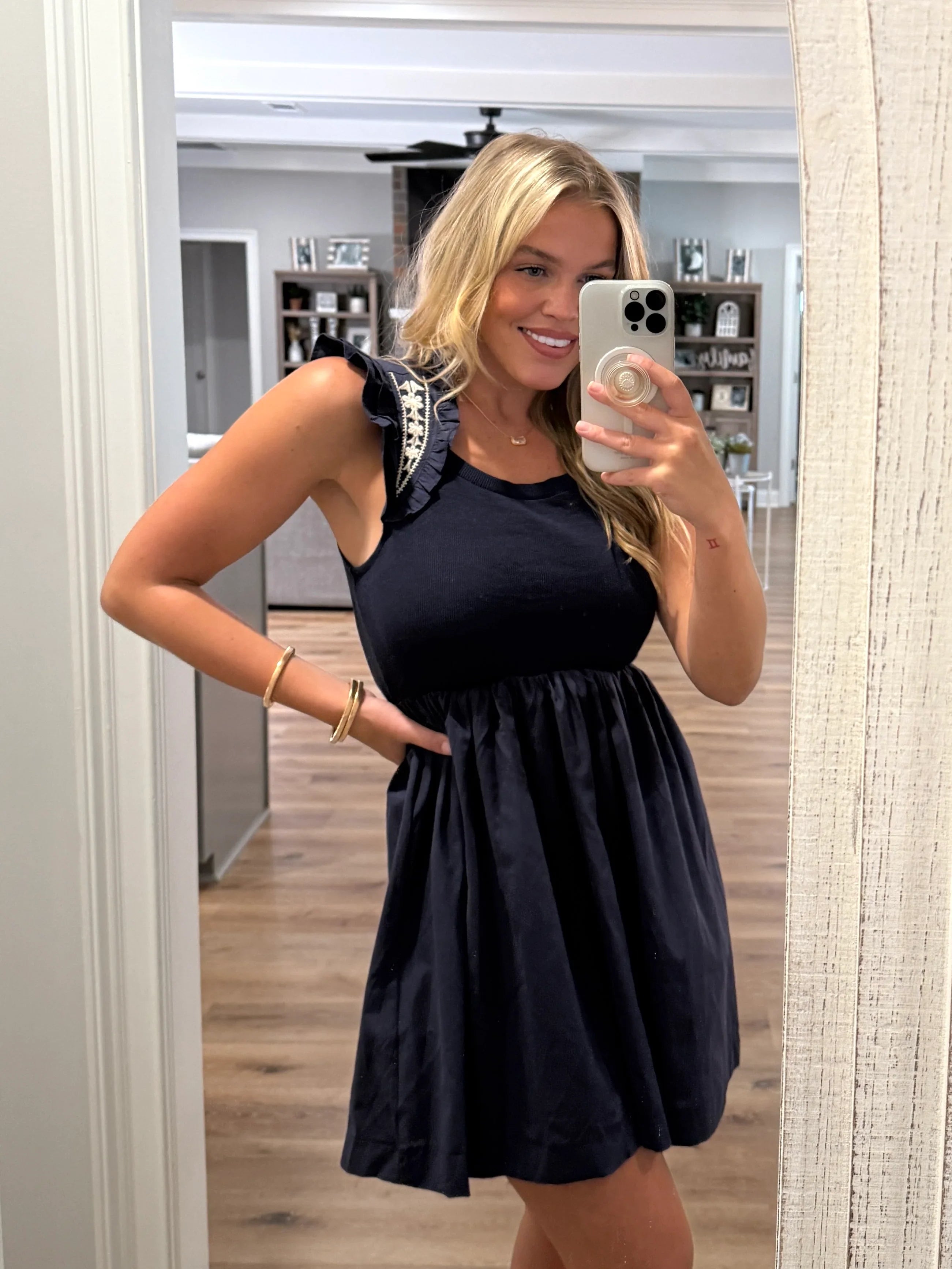 GRACE Embroidered Sleeve Ruffle Dress (Navy) - Sassy and Southern