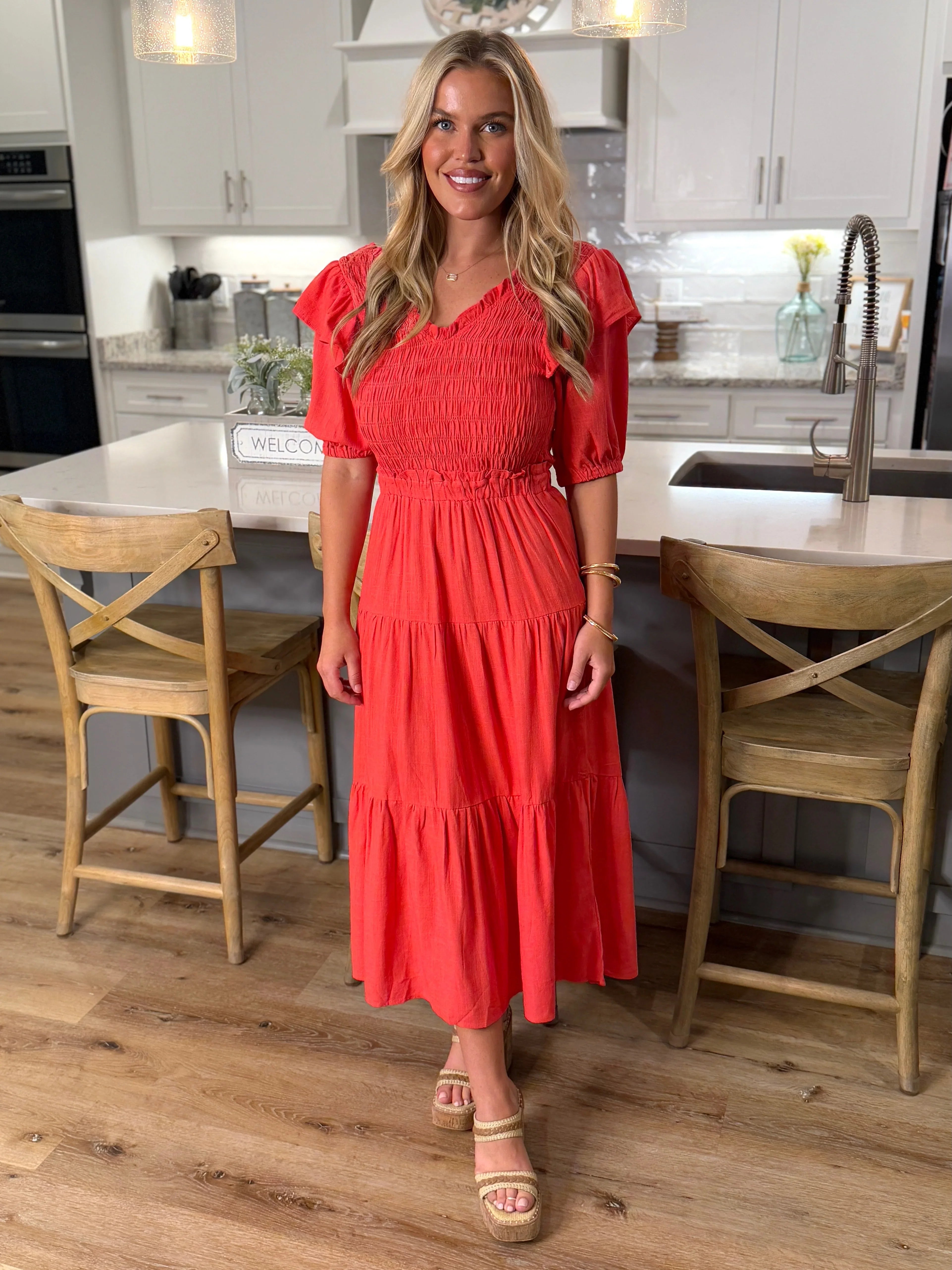 RUTH Smocked Maxi Dress (Coral) - Sassy and Southern
