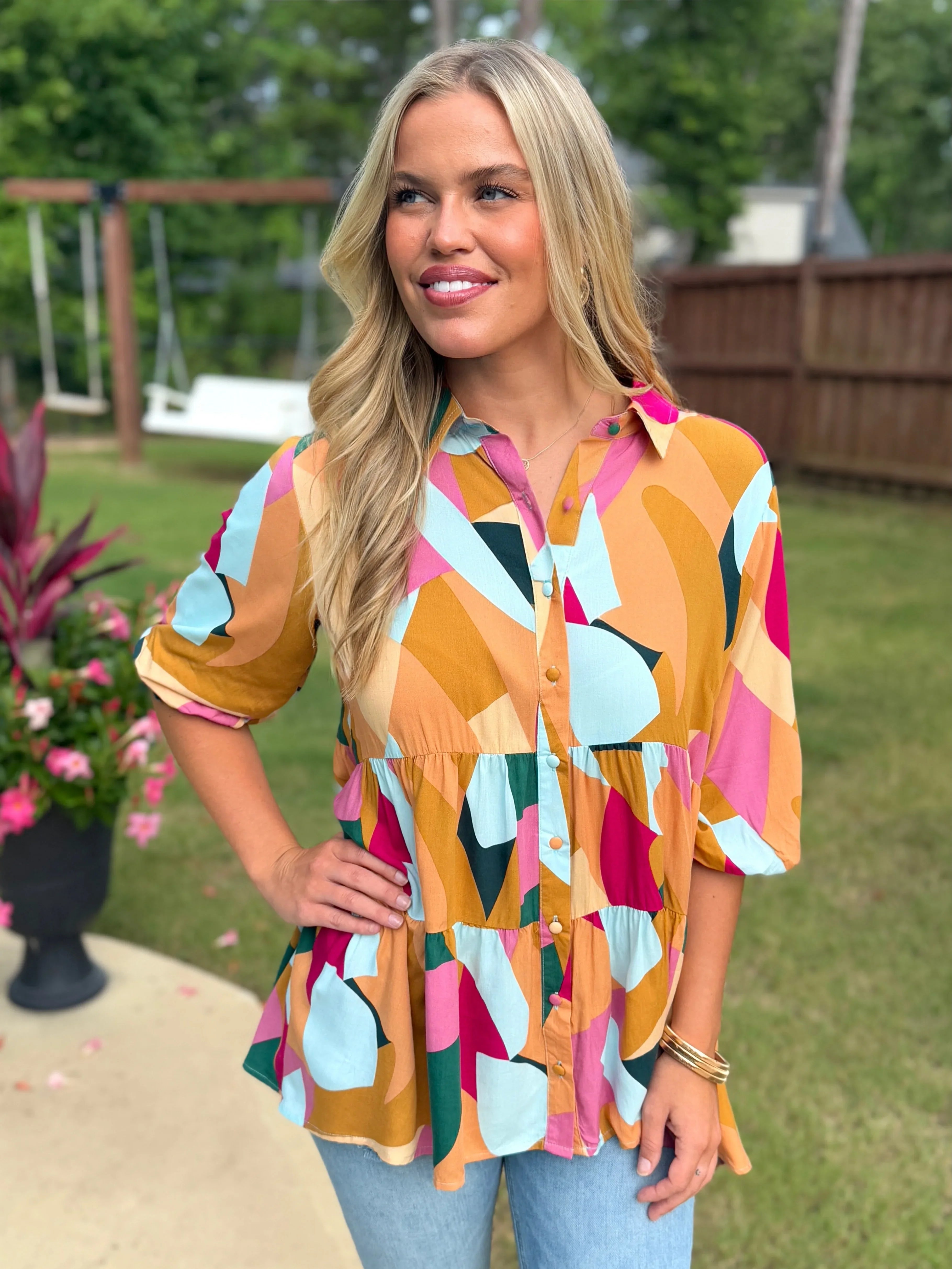 PHOEBE Abstract Button Down Top - Sassy and Southern