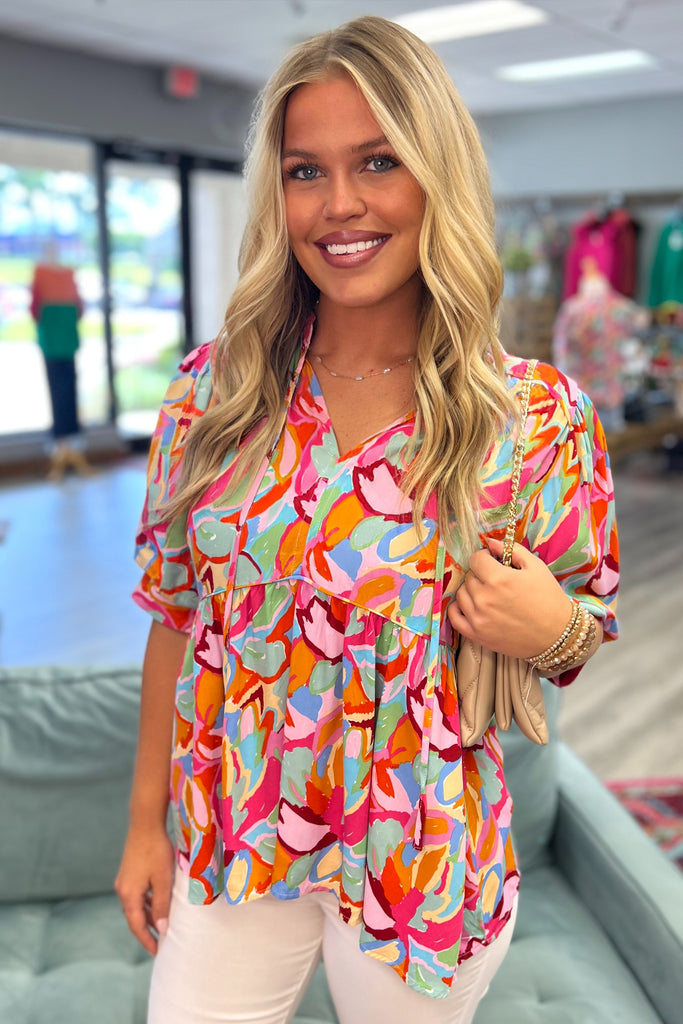 OAKLEIGH Abstract Print Top (Pink Mix) - Sassy & Southern