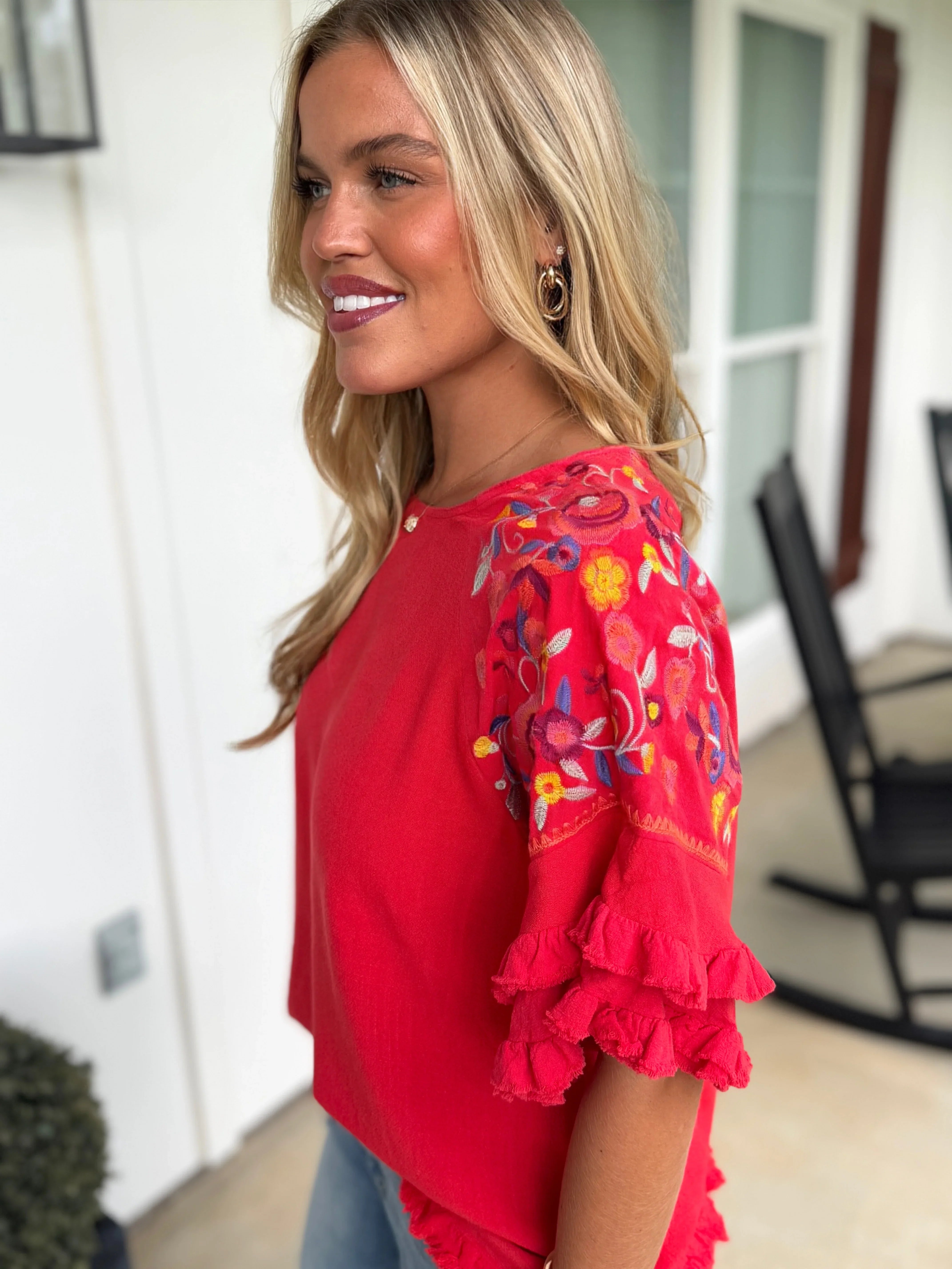 STEVIE Red Embroidered Sleeve Ruffle Top (S-2X) - Sassy and Southern