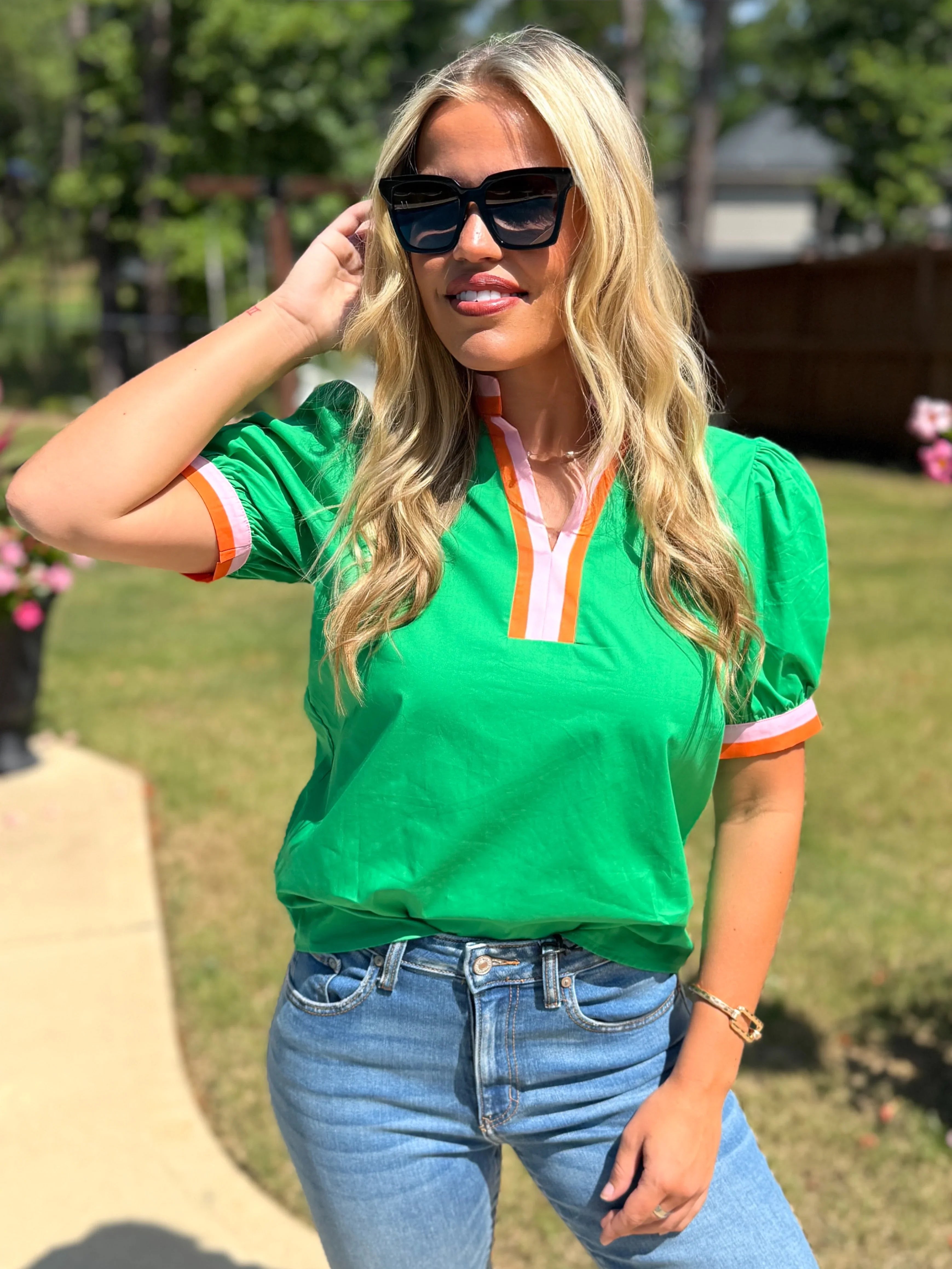 LENNON Green Top With Striped Sleeves/Neck - Sassy and Southern