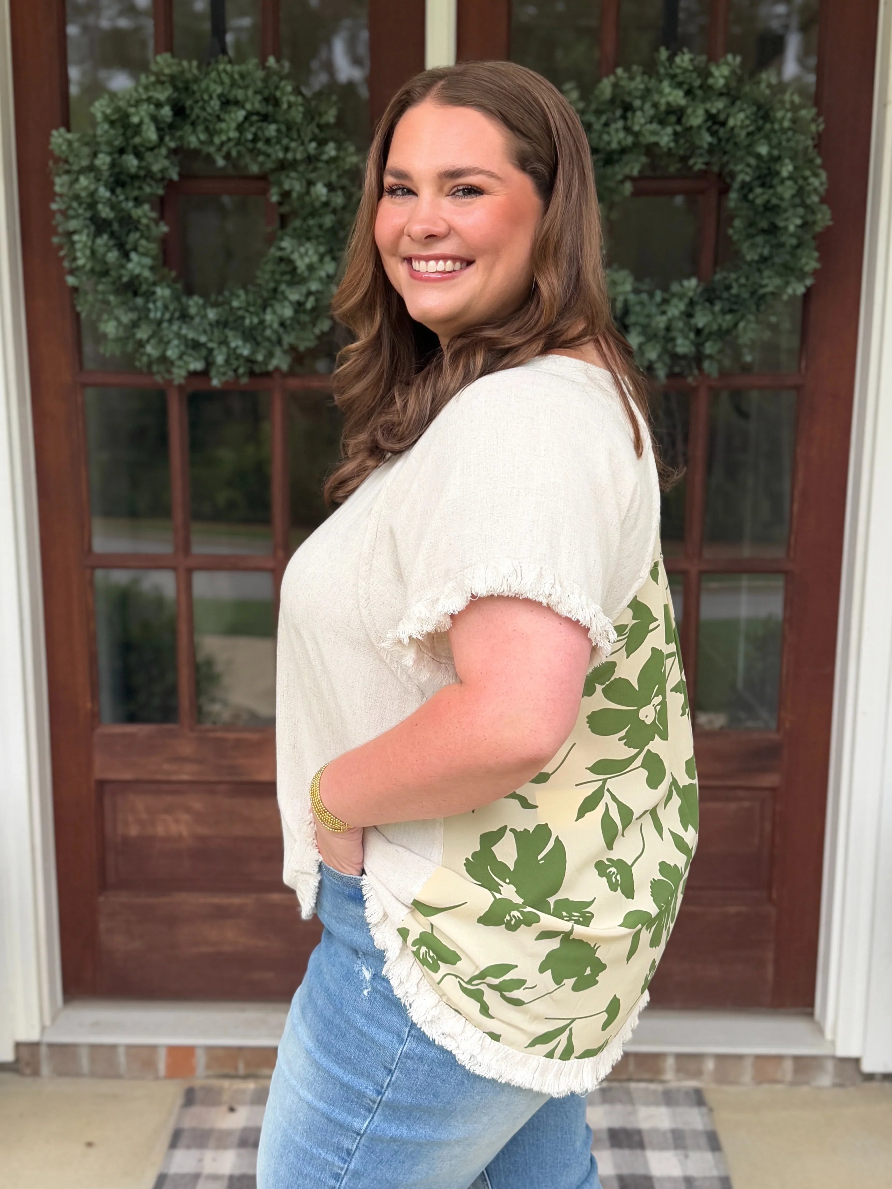 OPHELIA Plus Size Oatmeal Top With Green Design - Sassy and Southern