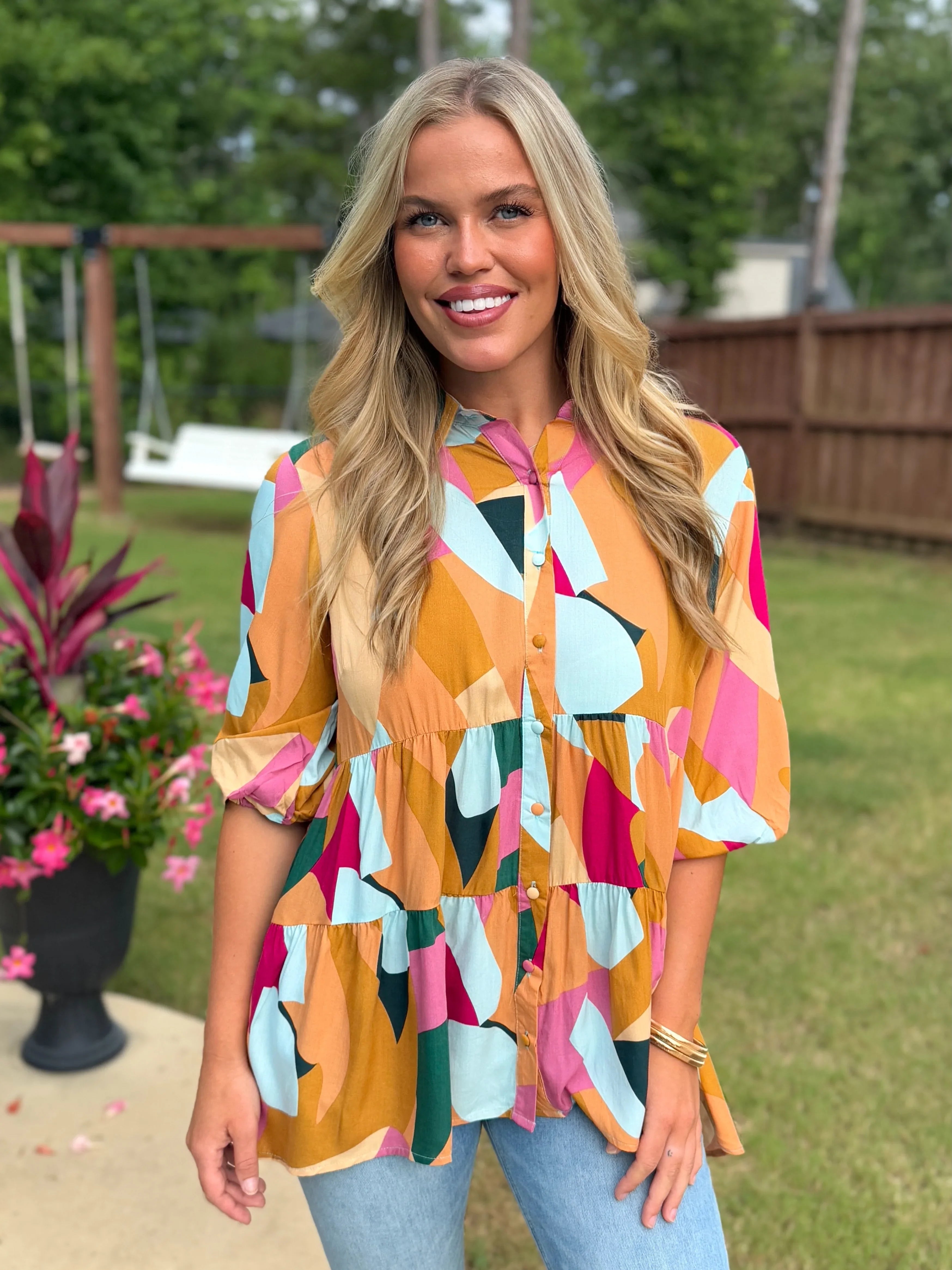 PHOEBE Abstract Button Down Top - Sassy and Southern