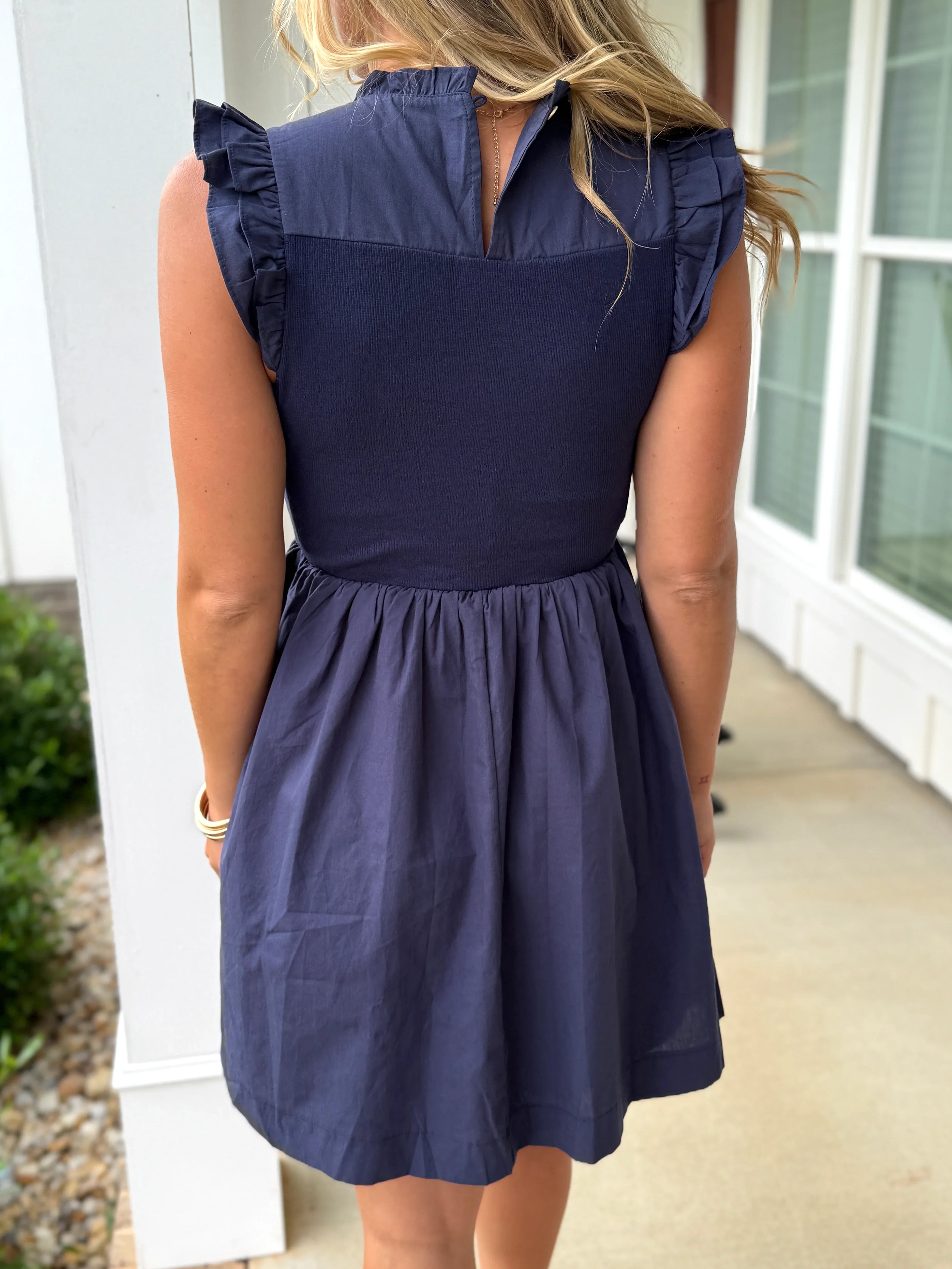 GRACE Embroidered Sleeve Ruffle Dress (Navy) - Sassy and Southern