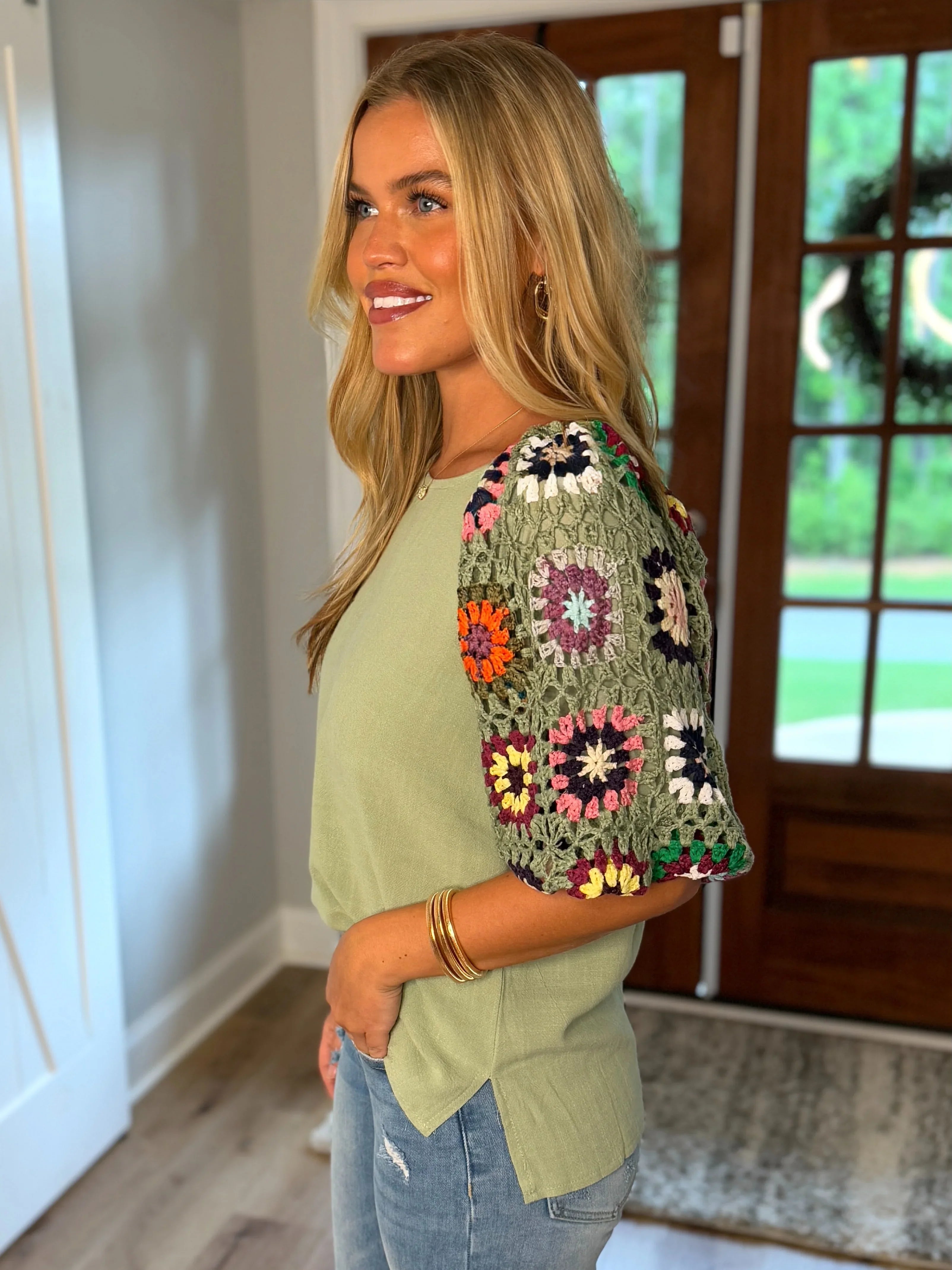 JANE Crochet Sleeve Top (Sage) - Sassy and Southern