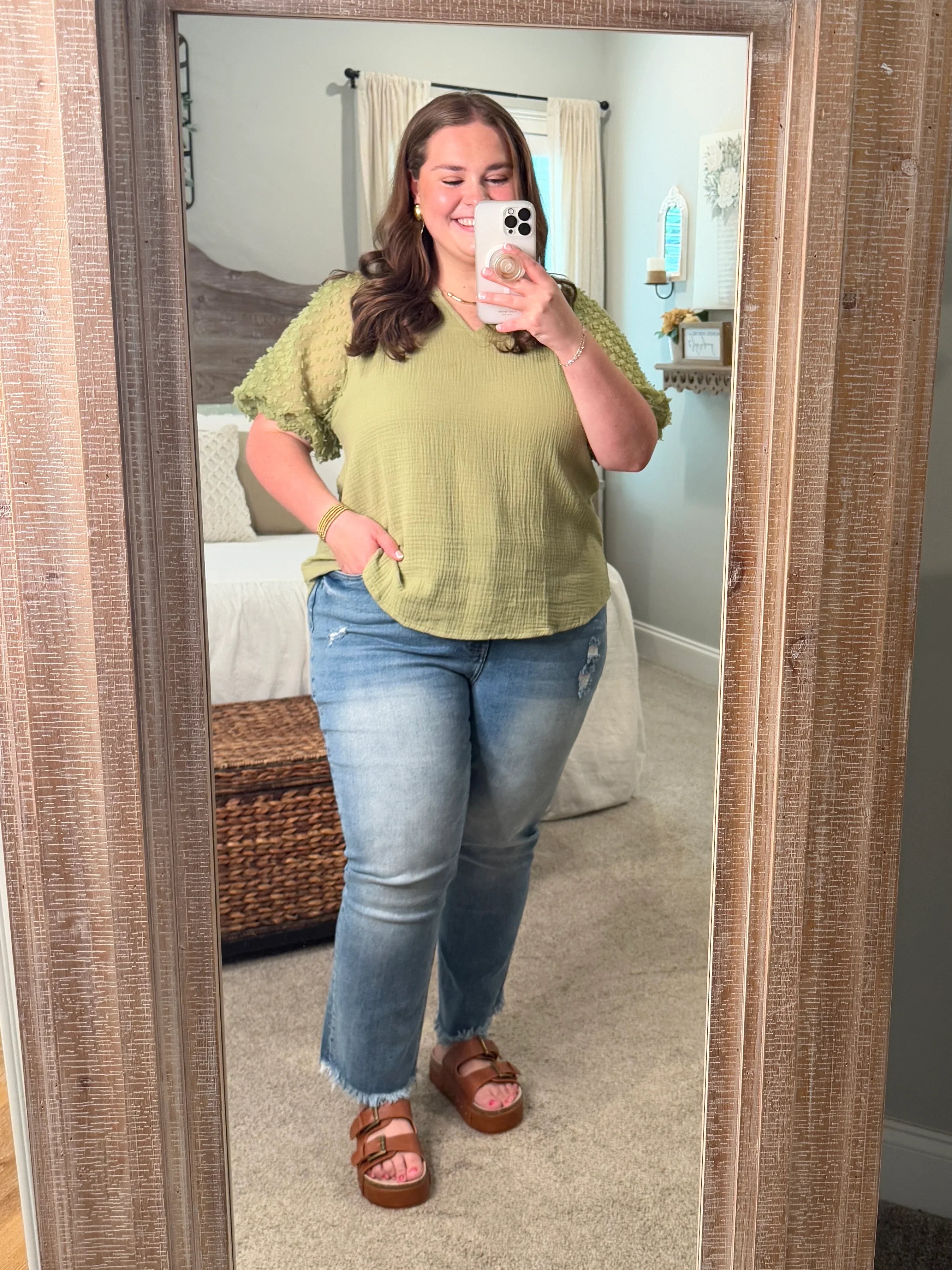 HOPE Puff Sleeve Linen Top (Sage) (S-2X) - Sassy and Southern