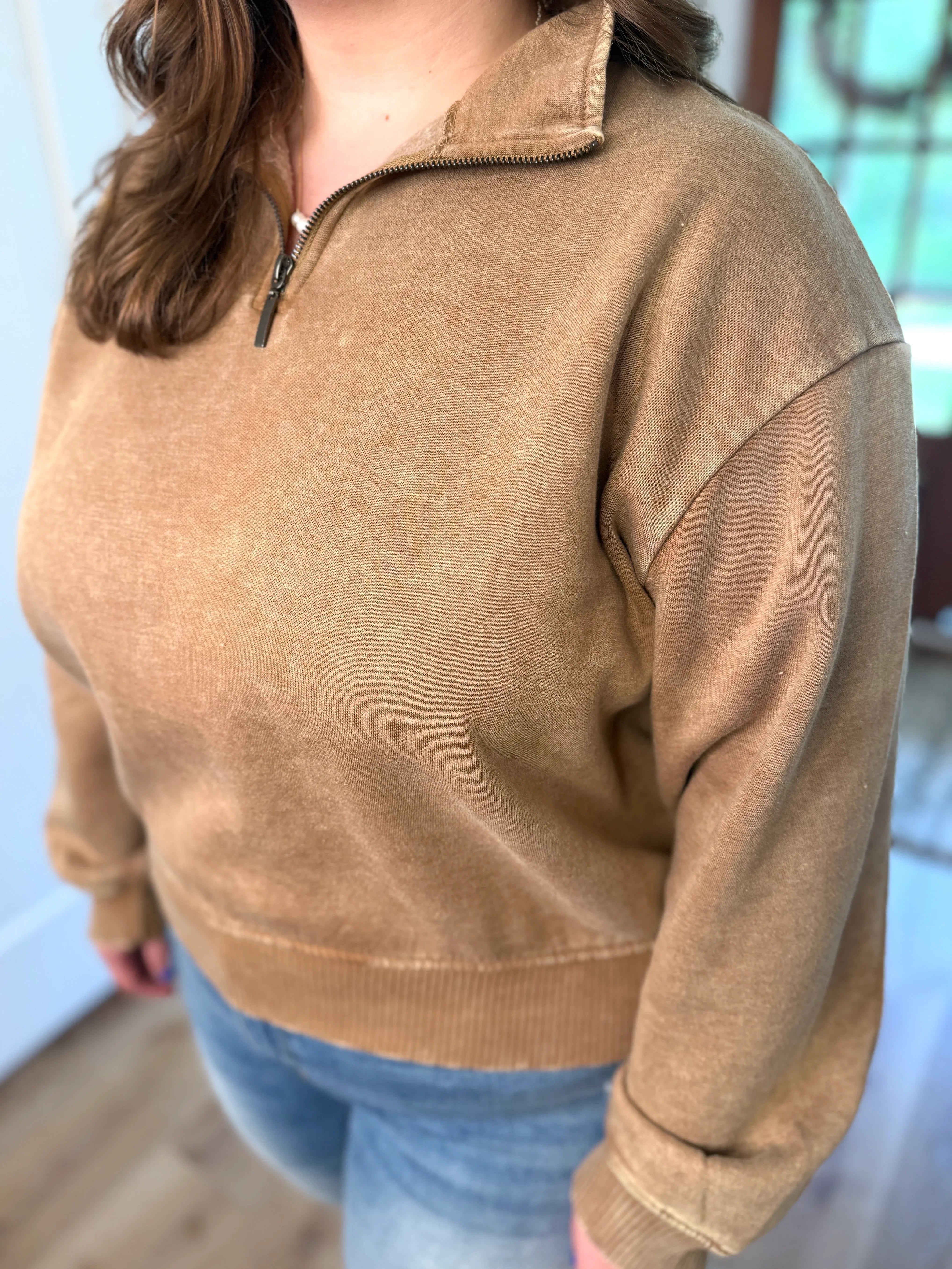 AVERY Plus Size Half Zip Pullover-Acid Washed (Camel) - Sassy and Southern