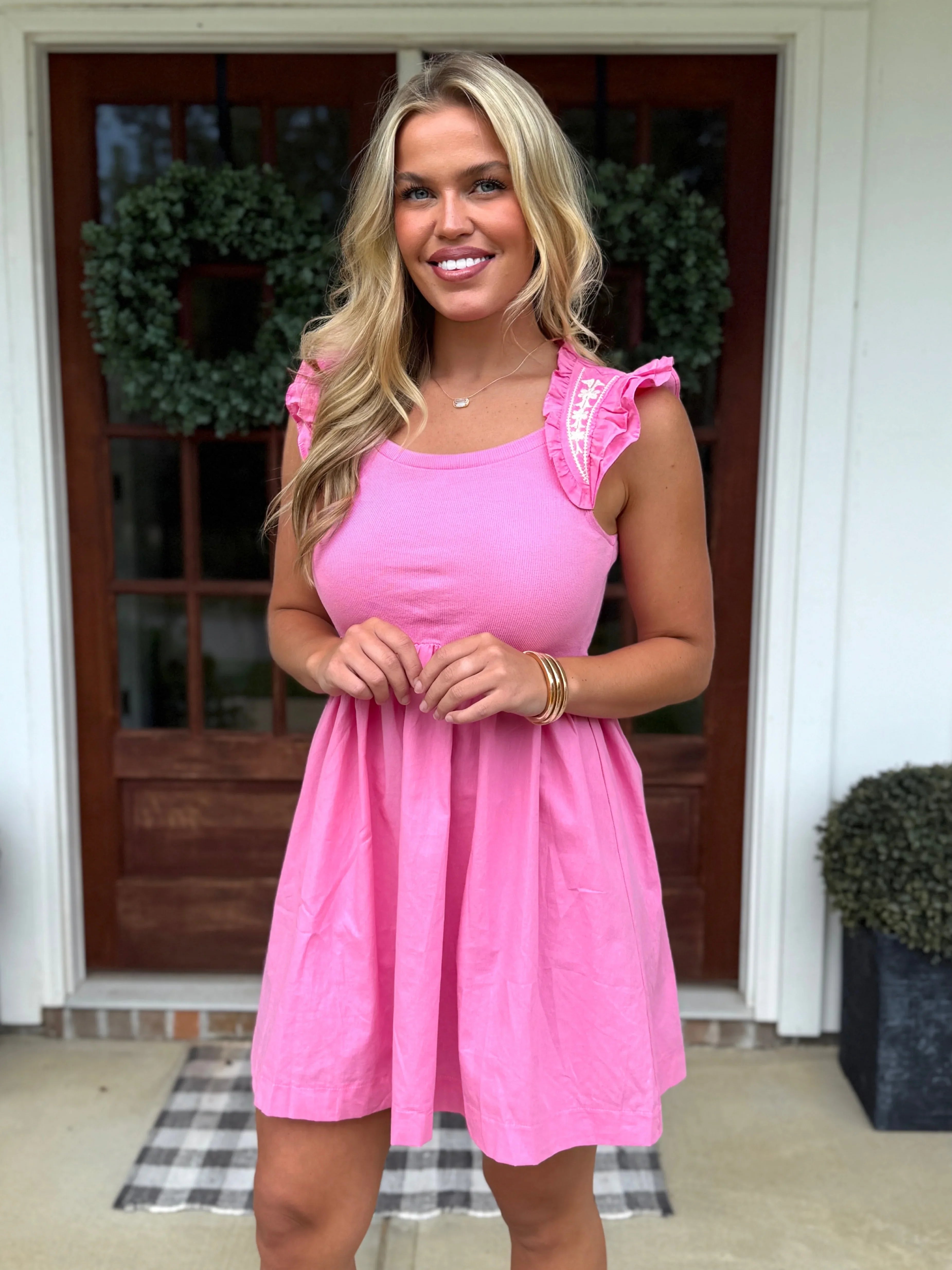 GRACE Embroidered Sleeve Ruffle Dress (Pink) - Sassy and Southern