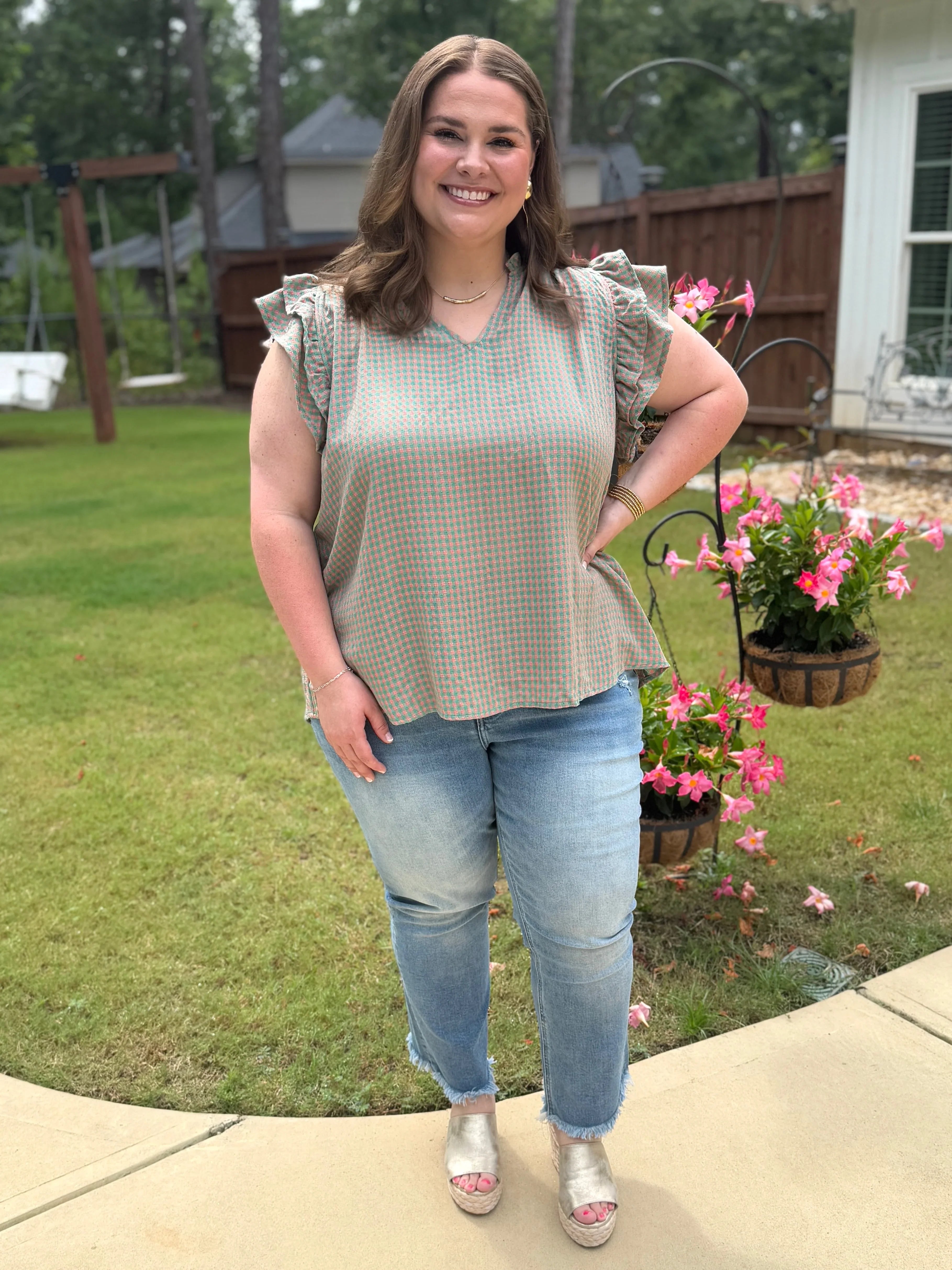 ADDISON Plus Size Pink/Green Gingham Top - Sassy and Southern