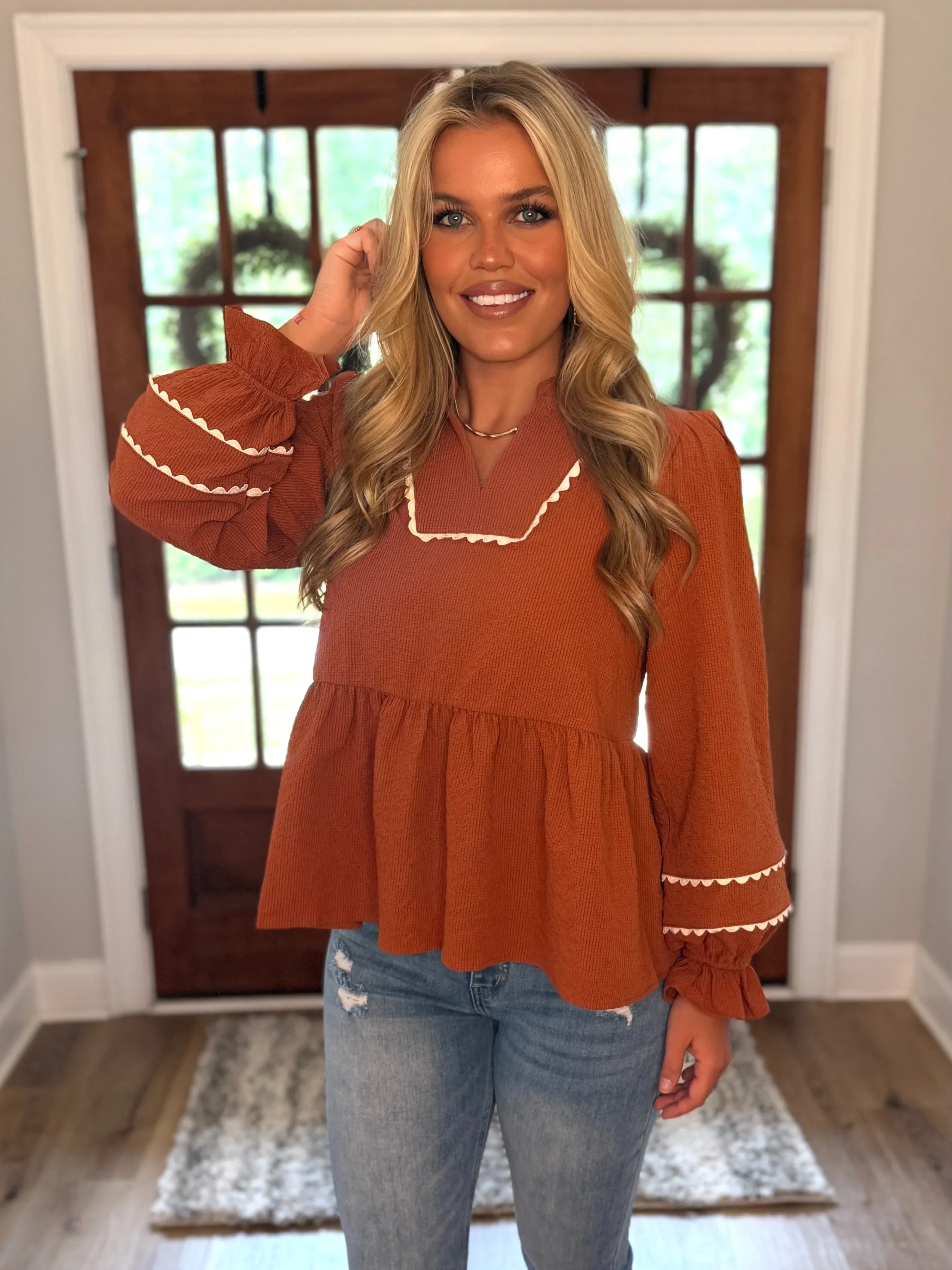 BAILEY Long Sleeve Ric Rac Trim Top in Toffee - Sassy and Southern