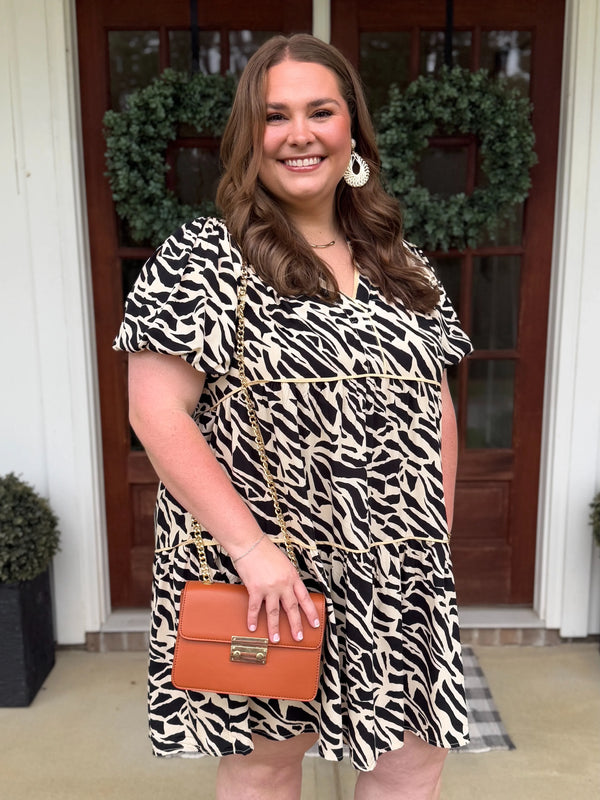 Ava Plus Size Animal Print Dress (Black/Taupe) | Plus Size
