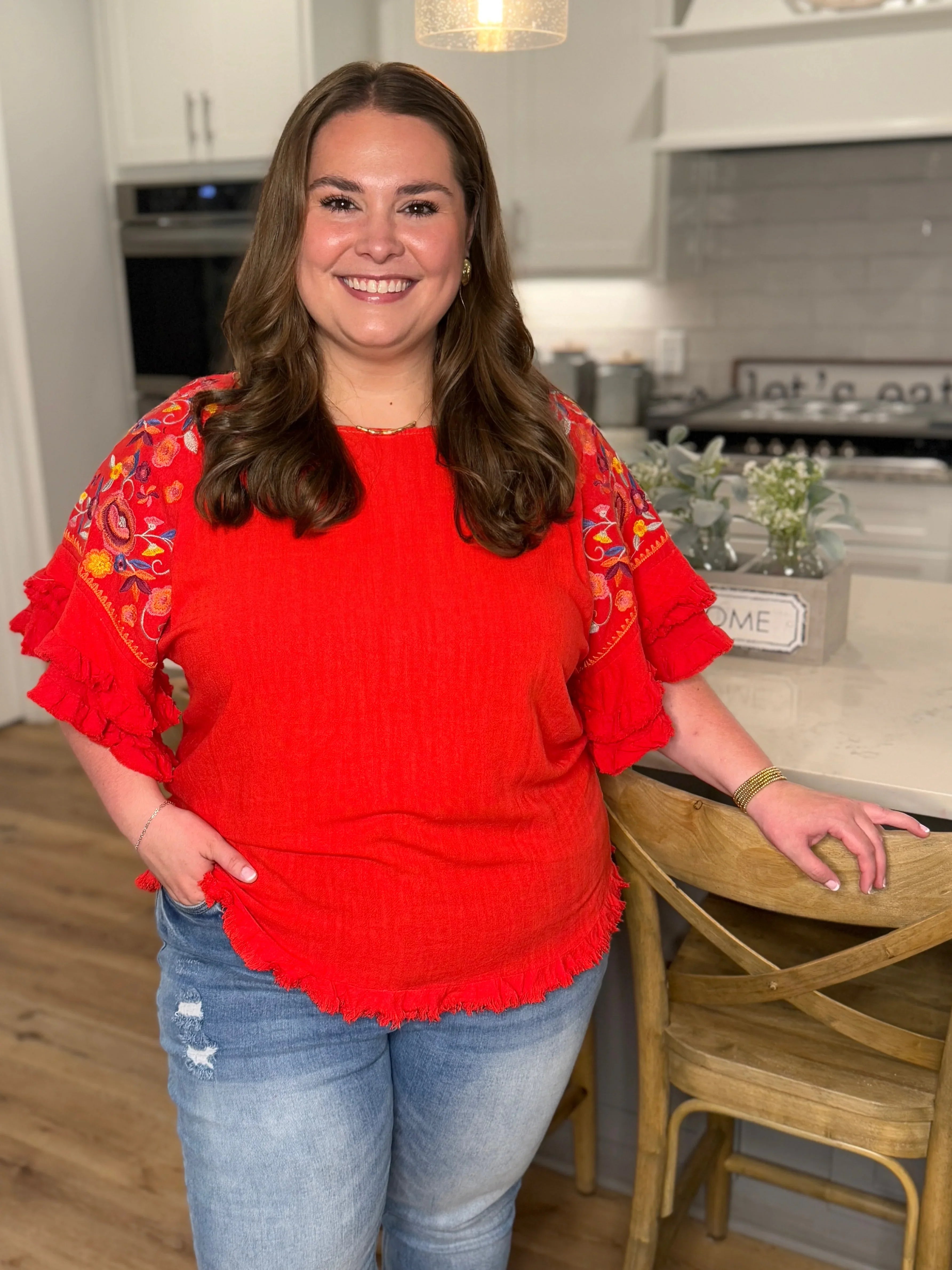 STEVIE Red Embroidered Sleeve Ruffle Top (S-2X) - Sassy and Southern