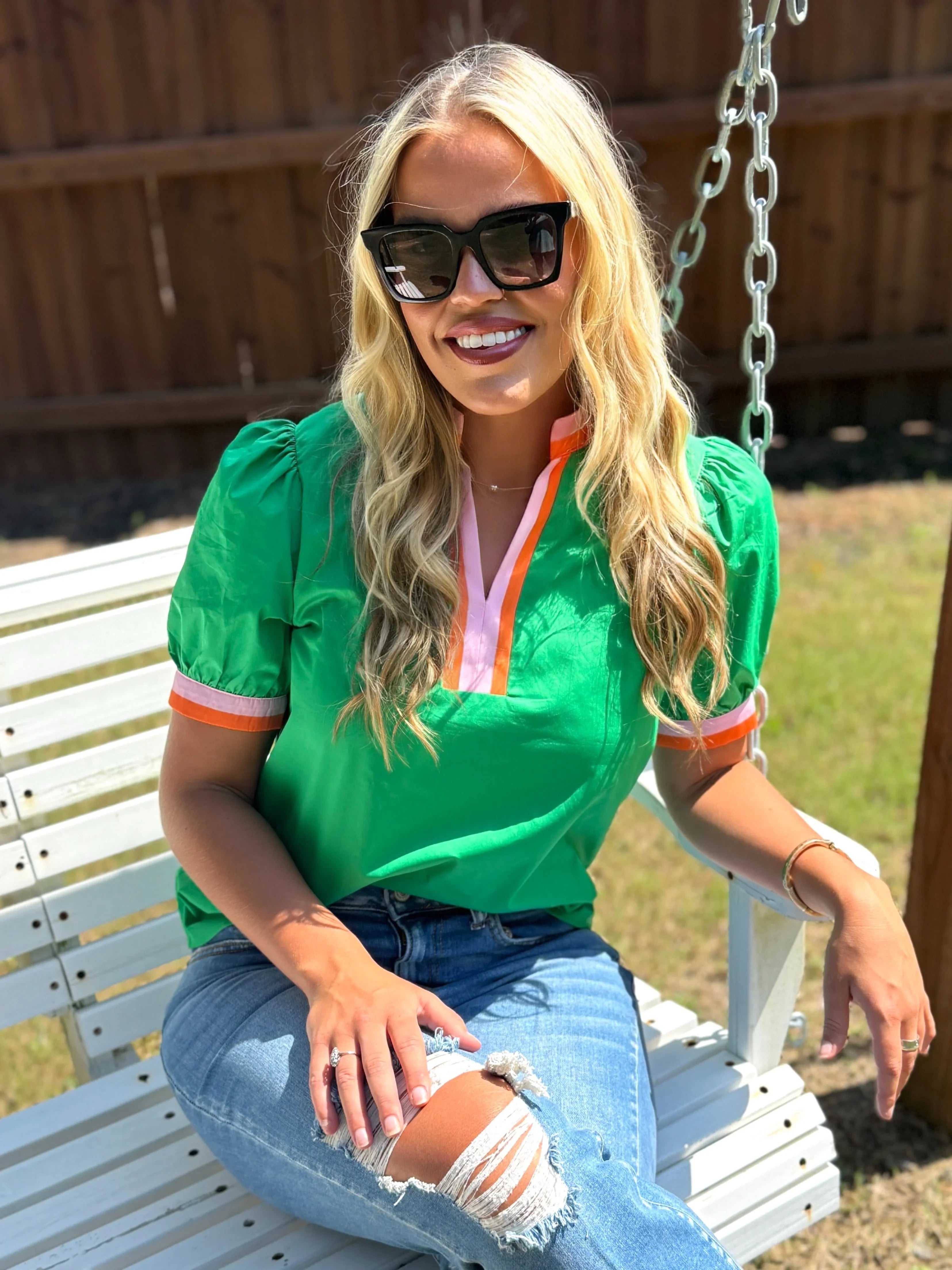 LENNON Green Top With Striped Sleeves/Neck - Sassy and Southern