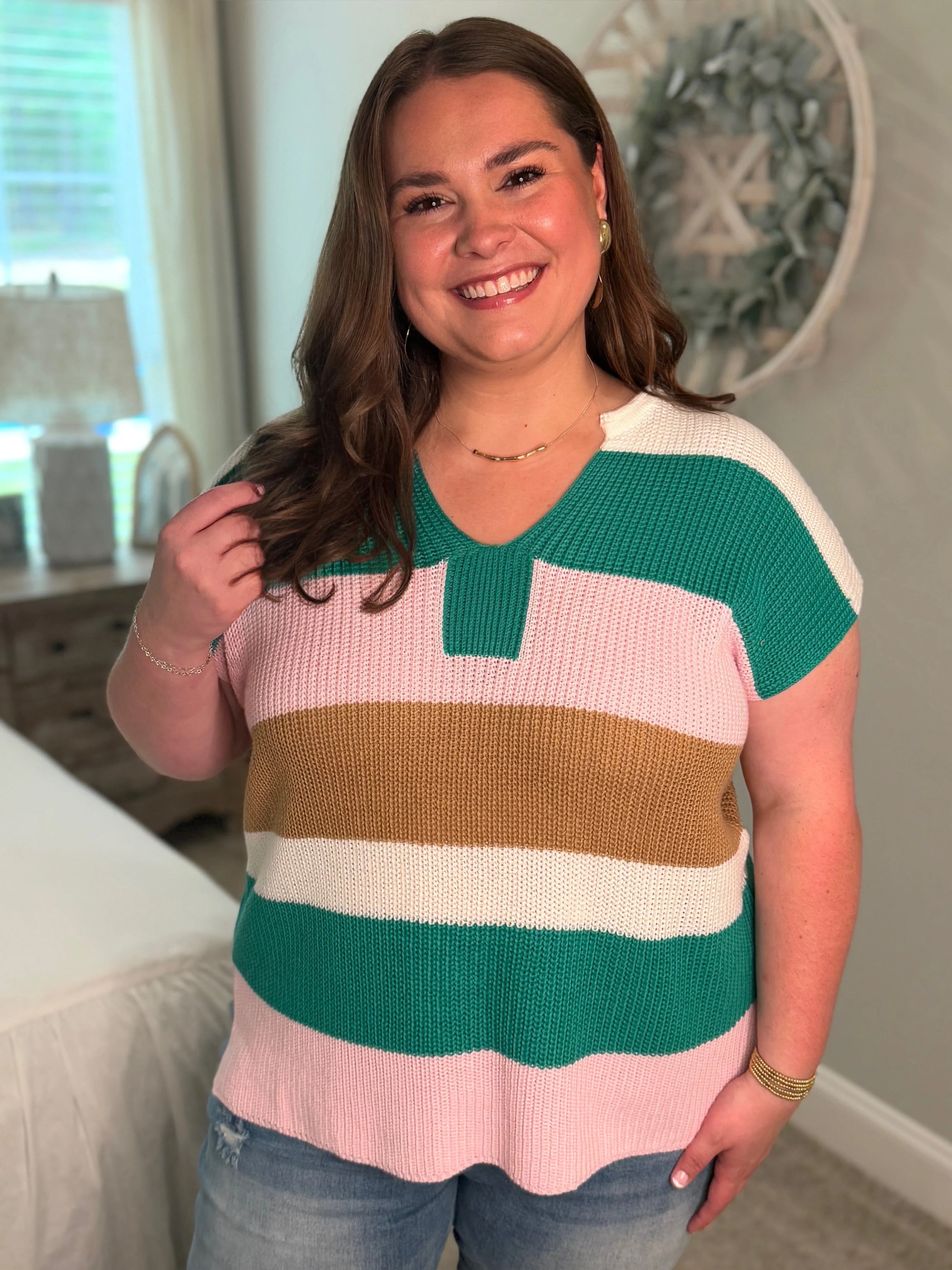 MCKENNA Plus Size Pink/Green Lightweight Sweater - Sassy and Southern