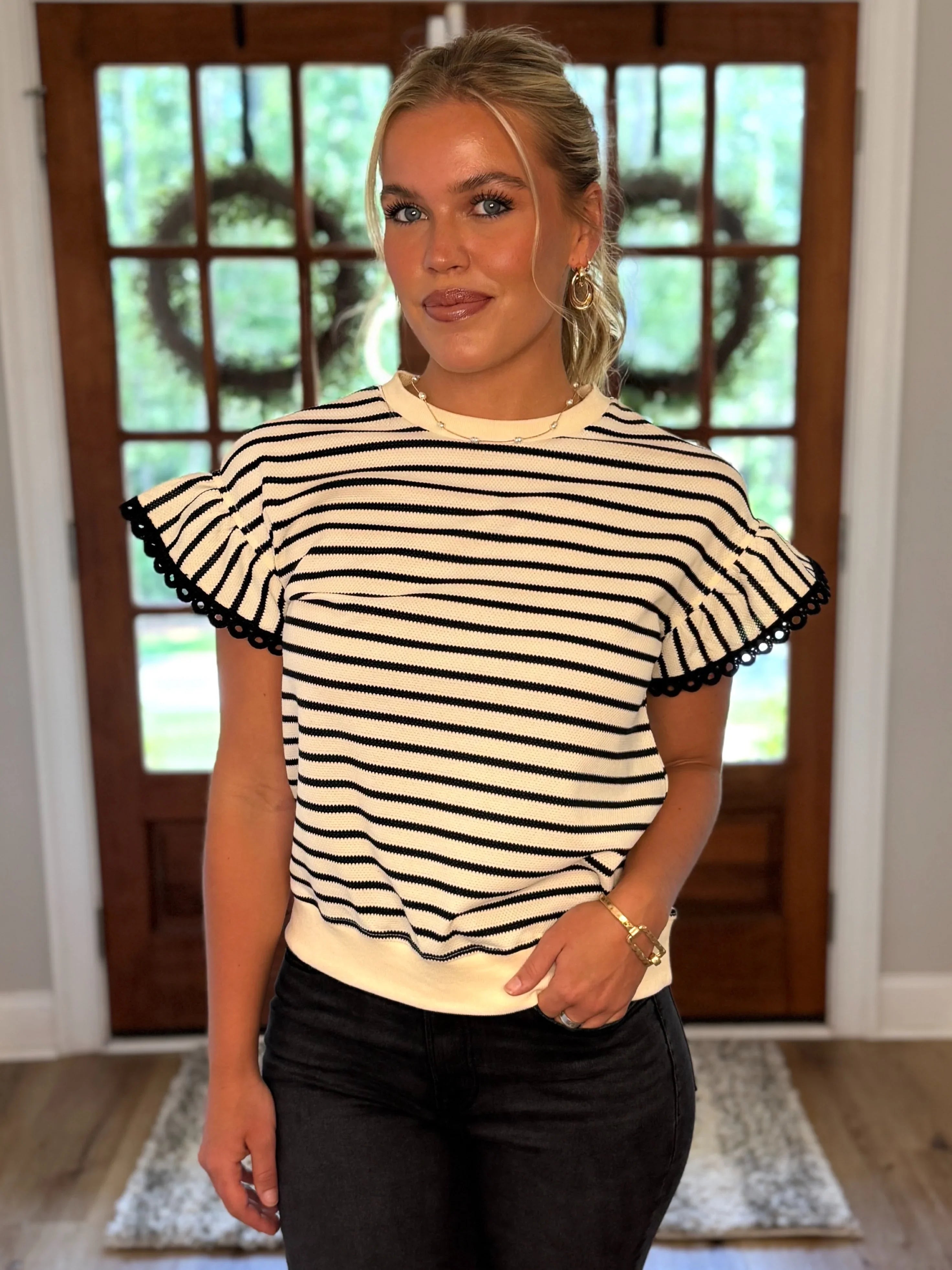 TATUM Black Striped Top With Ruffle Sleeves - Sassy and Southern