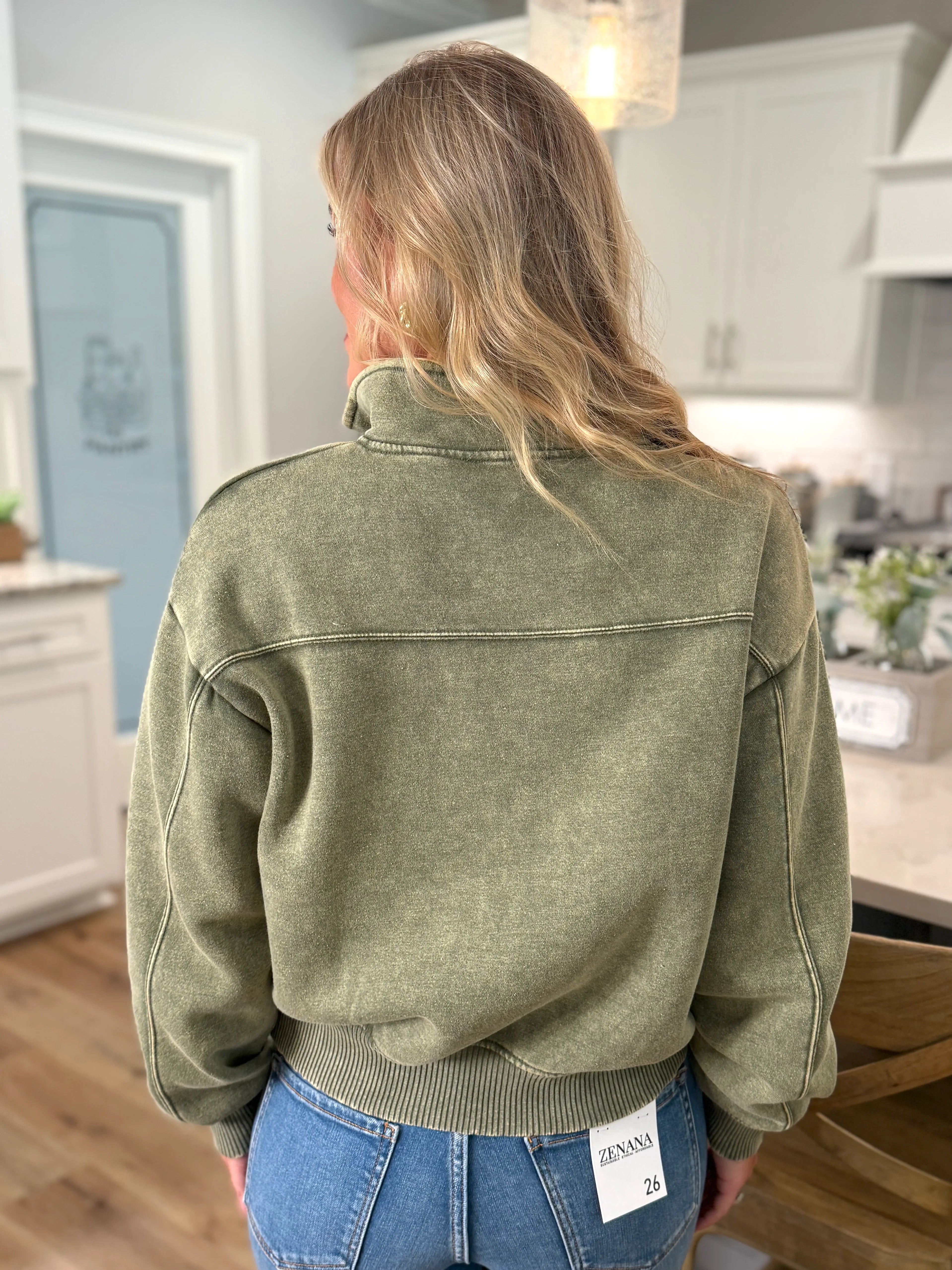 AVERY Half Zip Pullover-Acid Washed (Light Olive) - Sassy and Southern