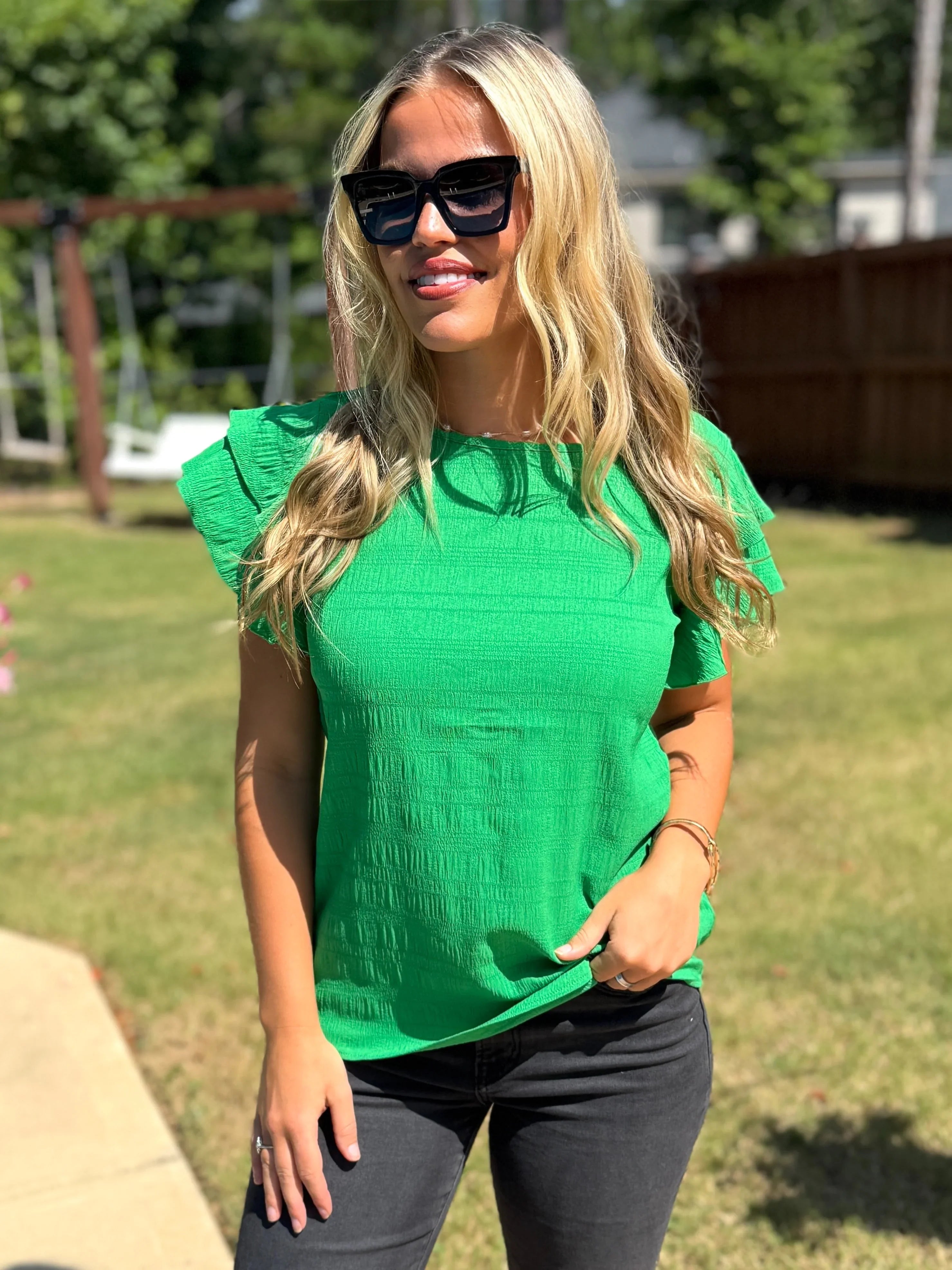 RAELYNN Textured Ruffle Green Top - Sassy and Southern