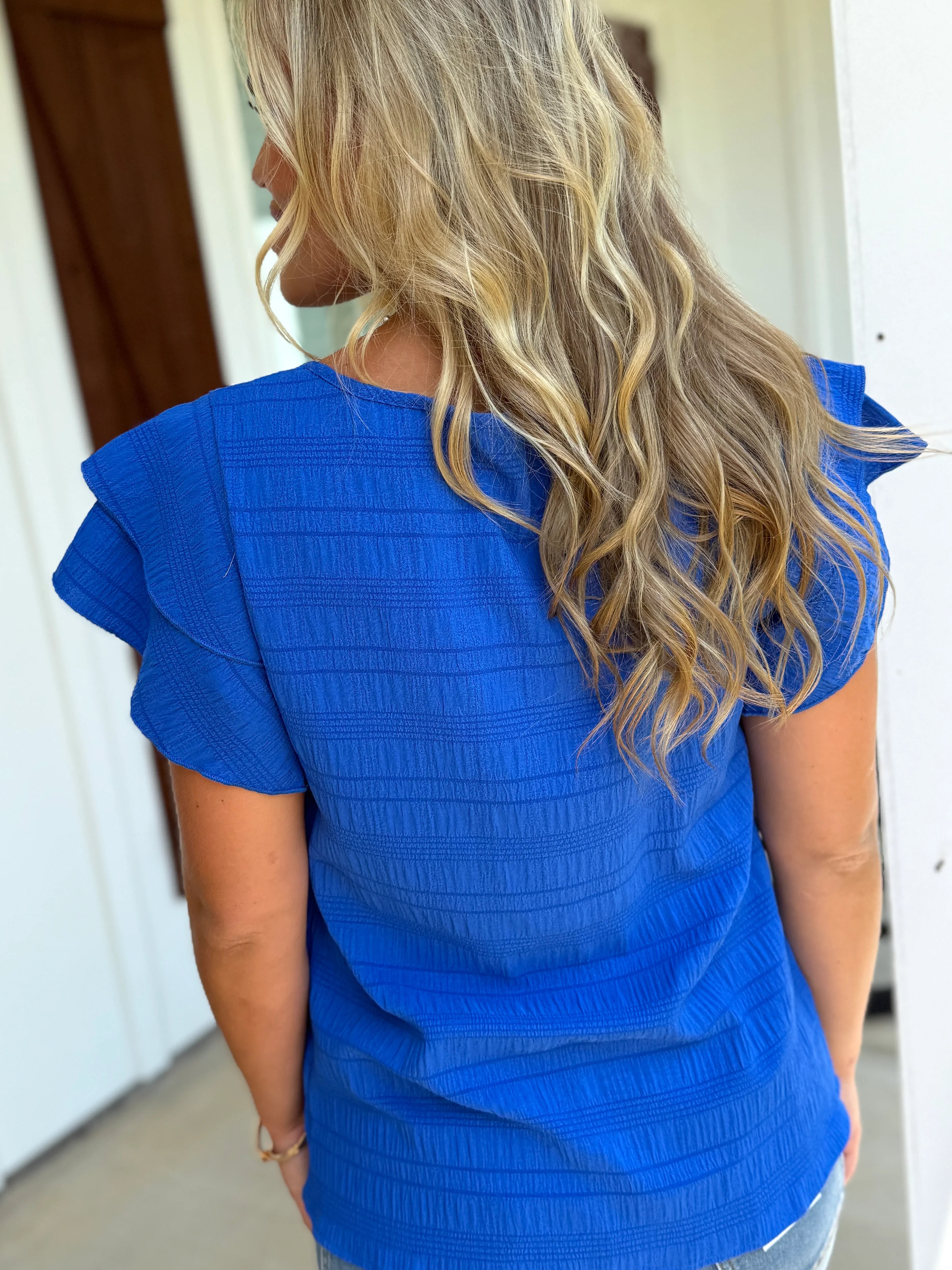 RAELYNN Textured Ruffle Blue Top - Sassy and Southern