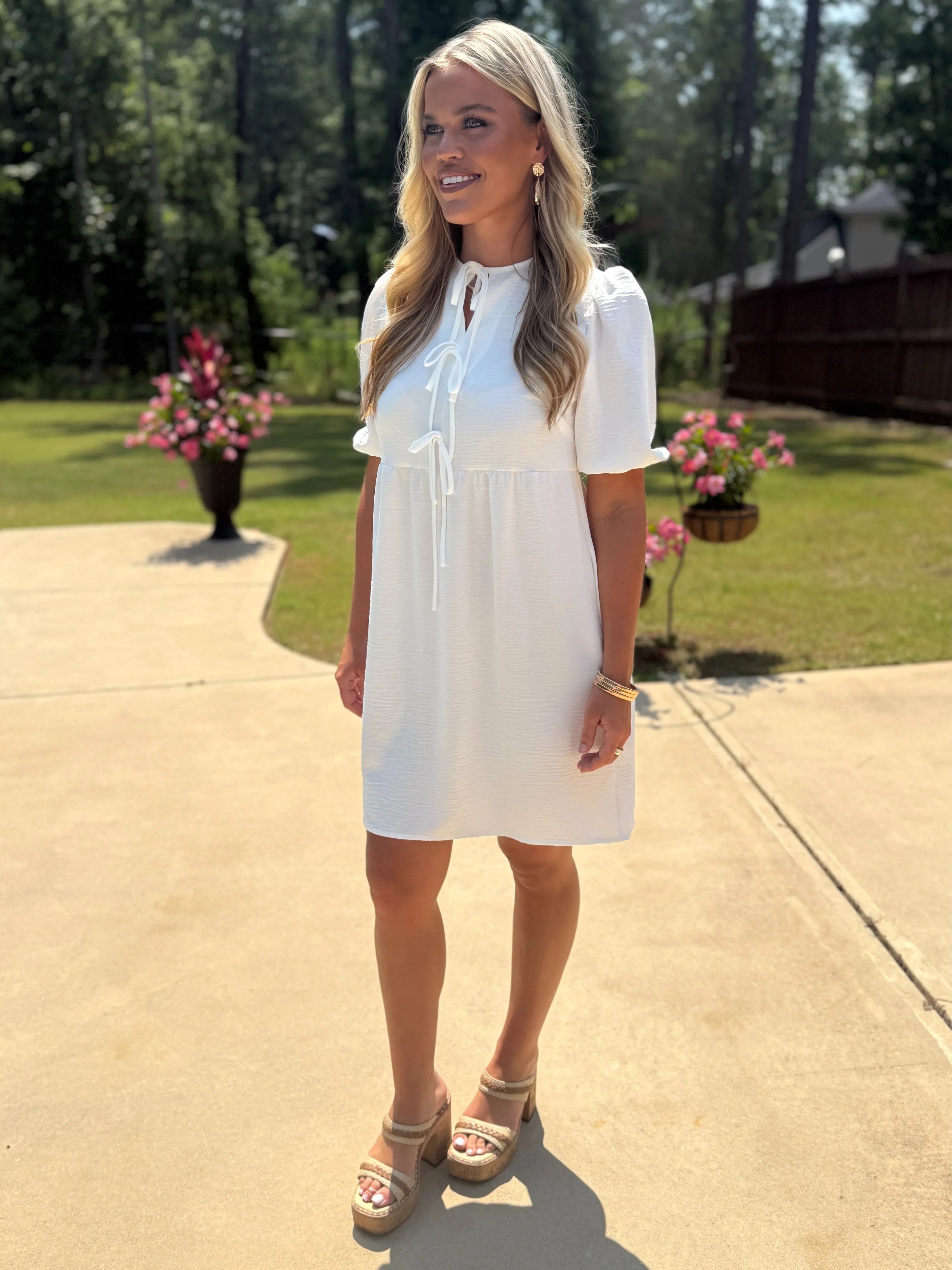 LUCY White Dress With Bow Center - Sassy and Southern