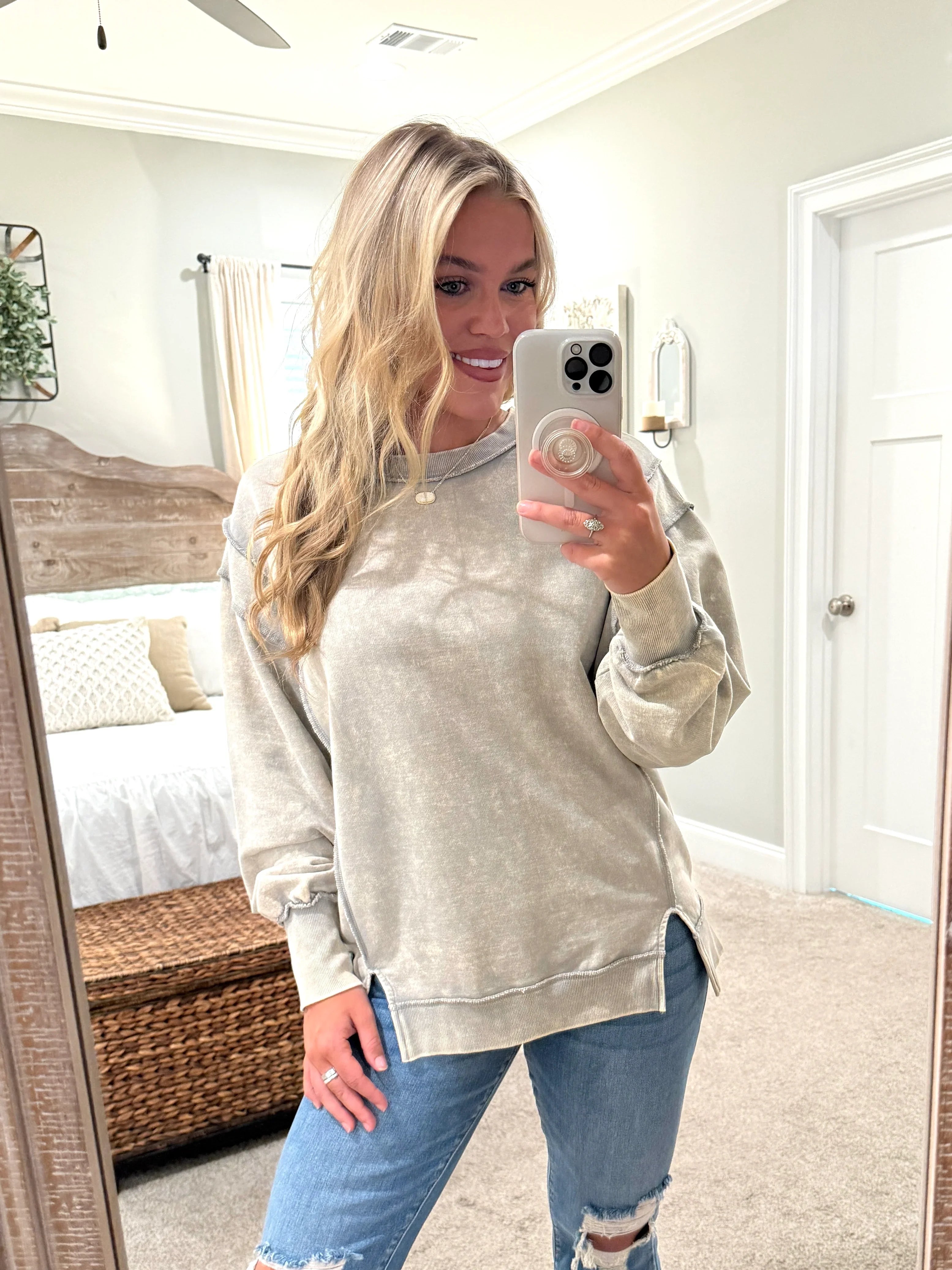 IVY Unfinished Hem Acid Sweatshirt (Sleet) (S-3X) - Sassy and Southern
