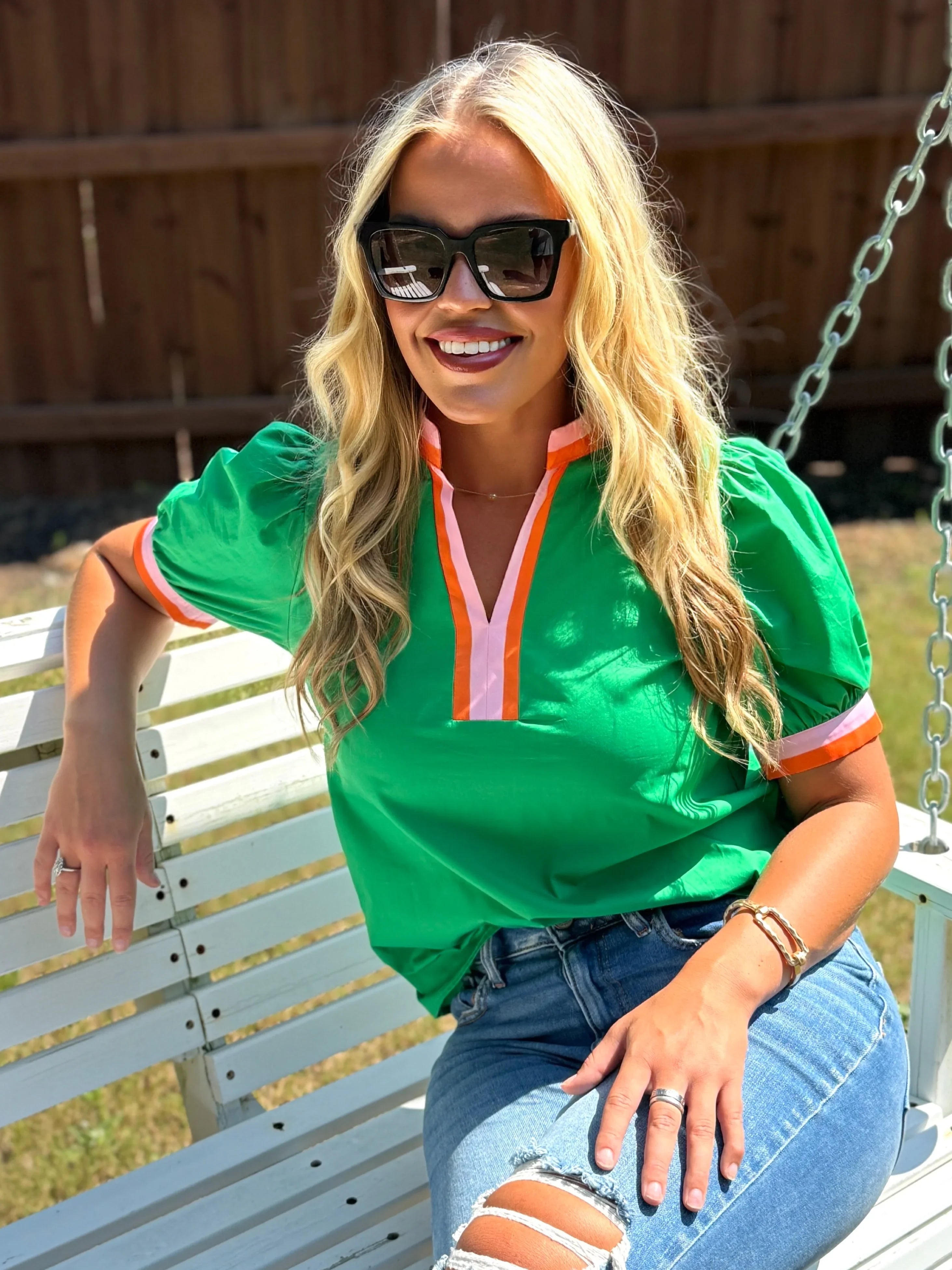 LENNON Green Top With Striped Sleeves/Neck - Sassy and Southern