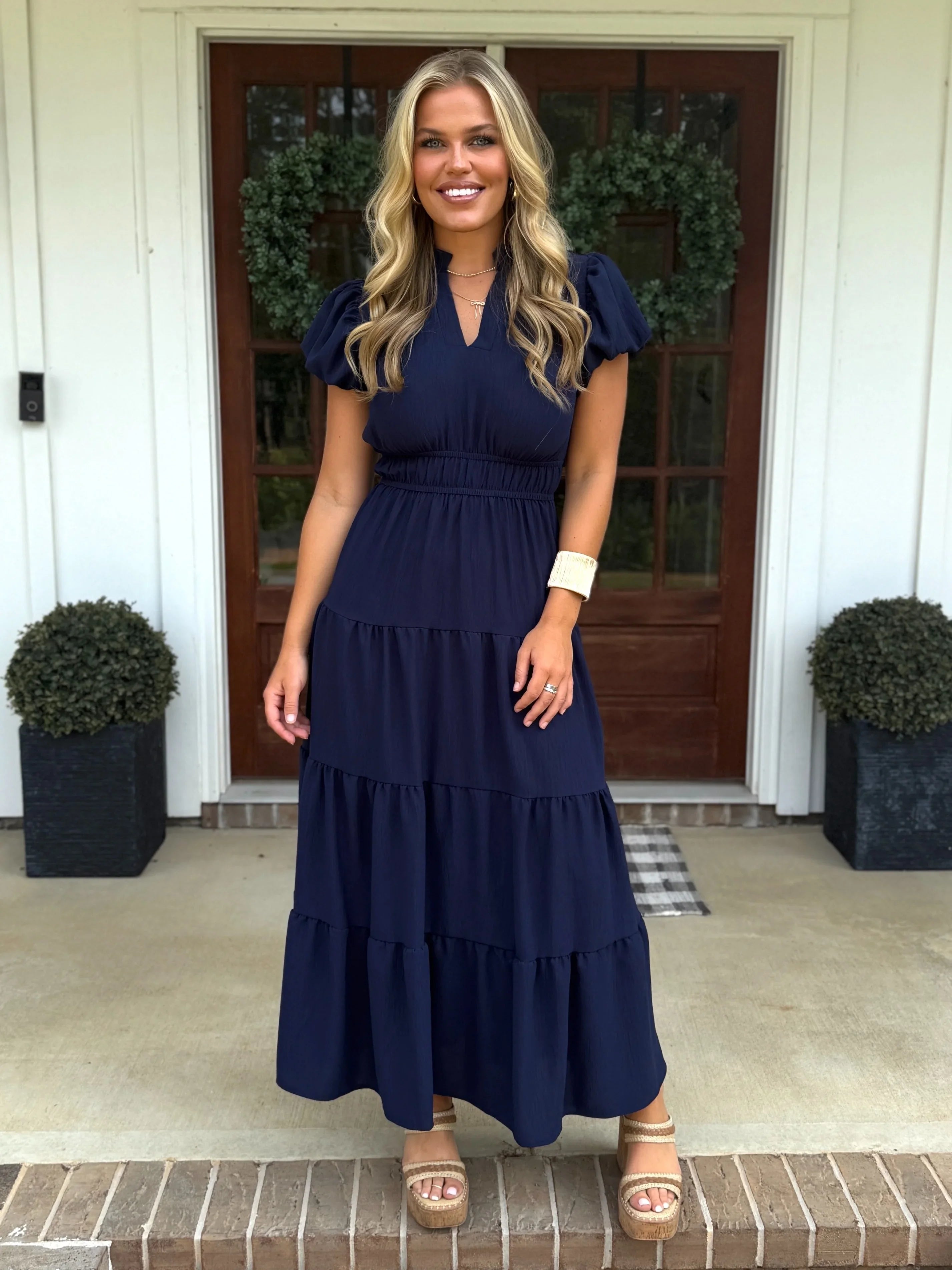 SOPHIE Long Tiered Dress (Navy Blue) - Sassy and Southern