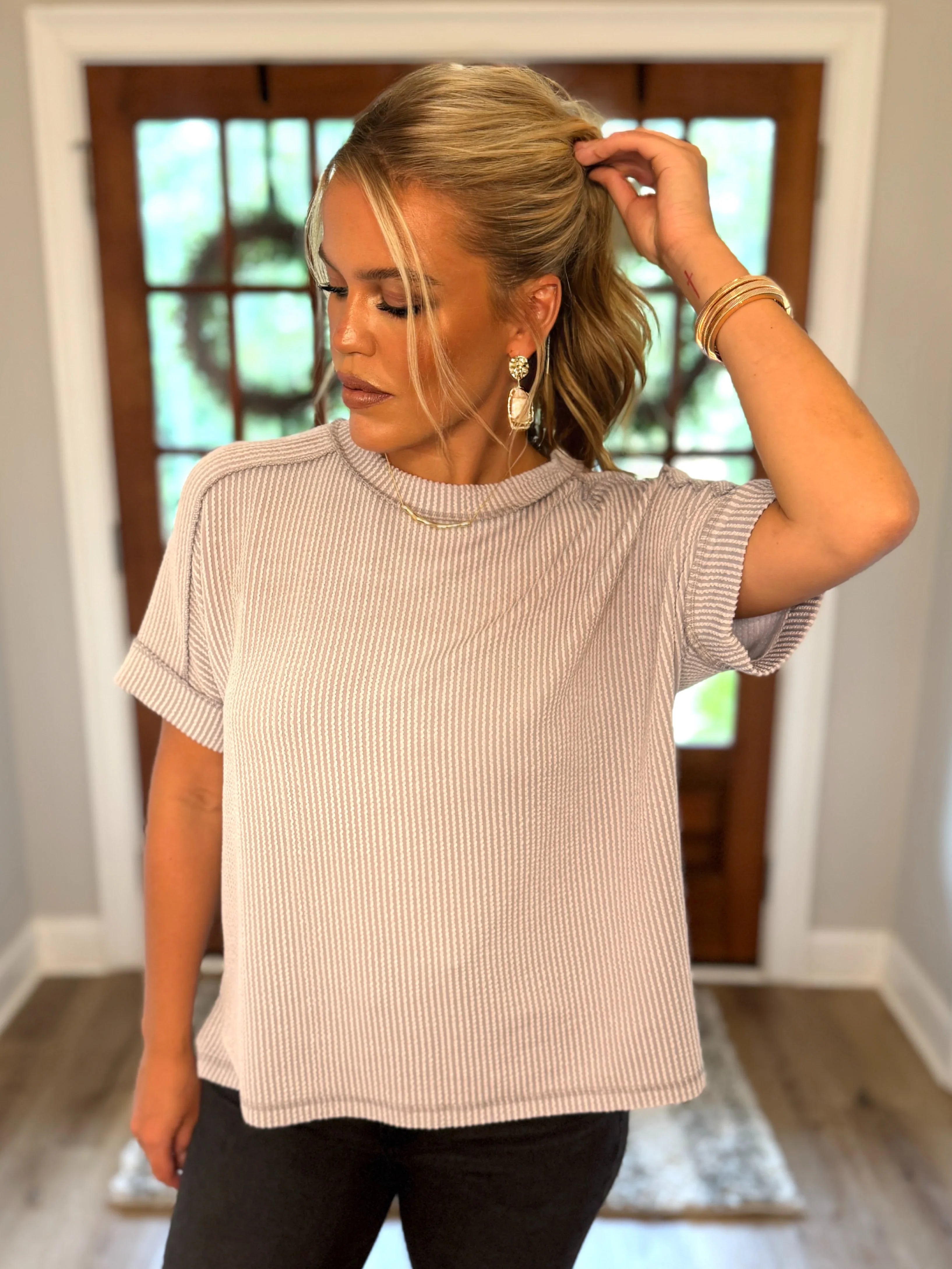 ARIA Corded Raw Edge Top (Light Grey) - Sassy and Southern