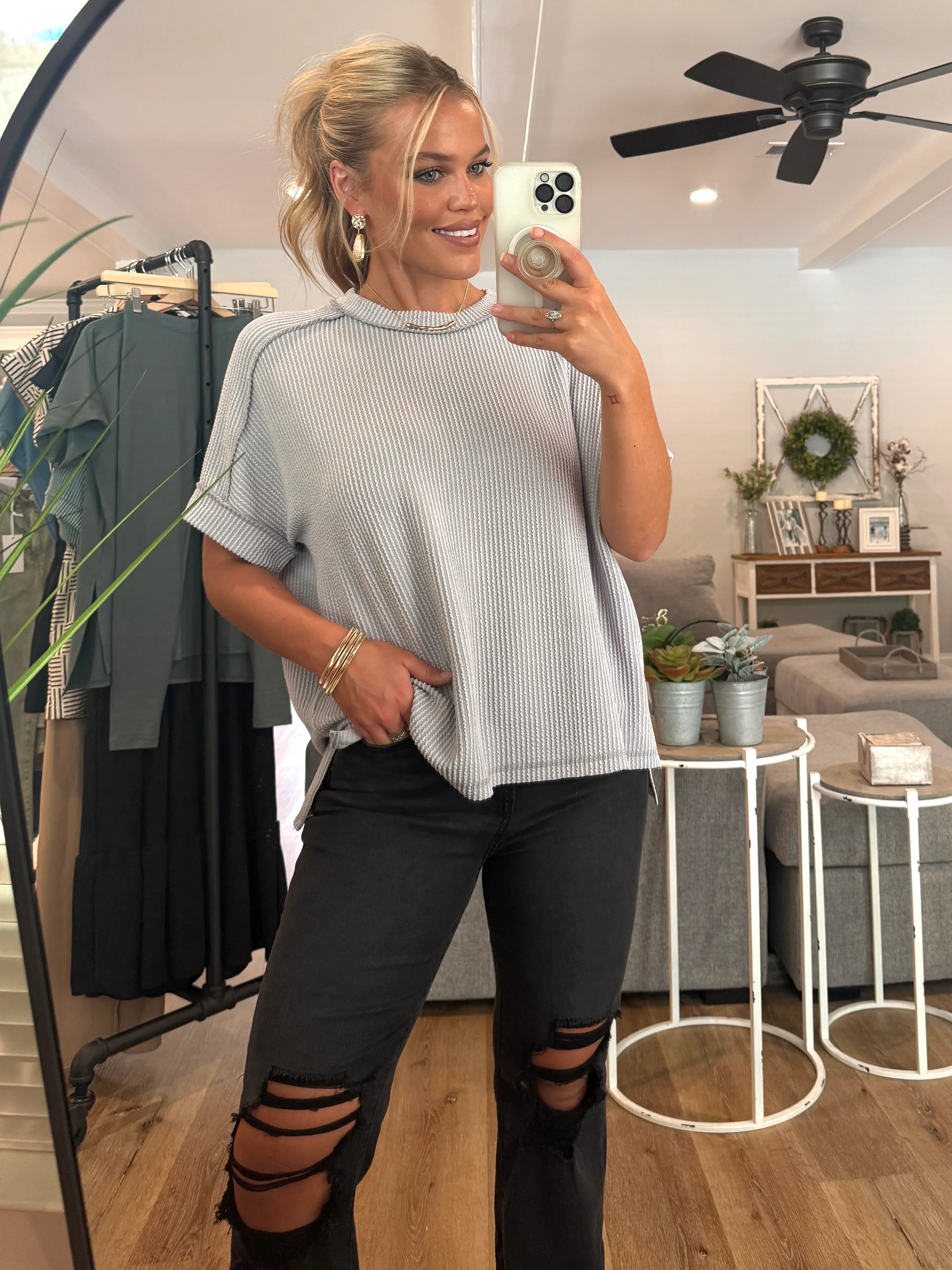 ARIA Corded Raw Edge Top (Light Grey) - Sassy and Southern