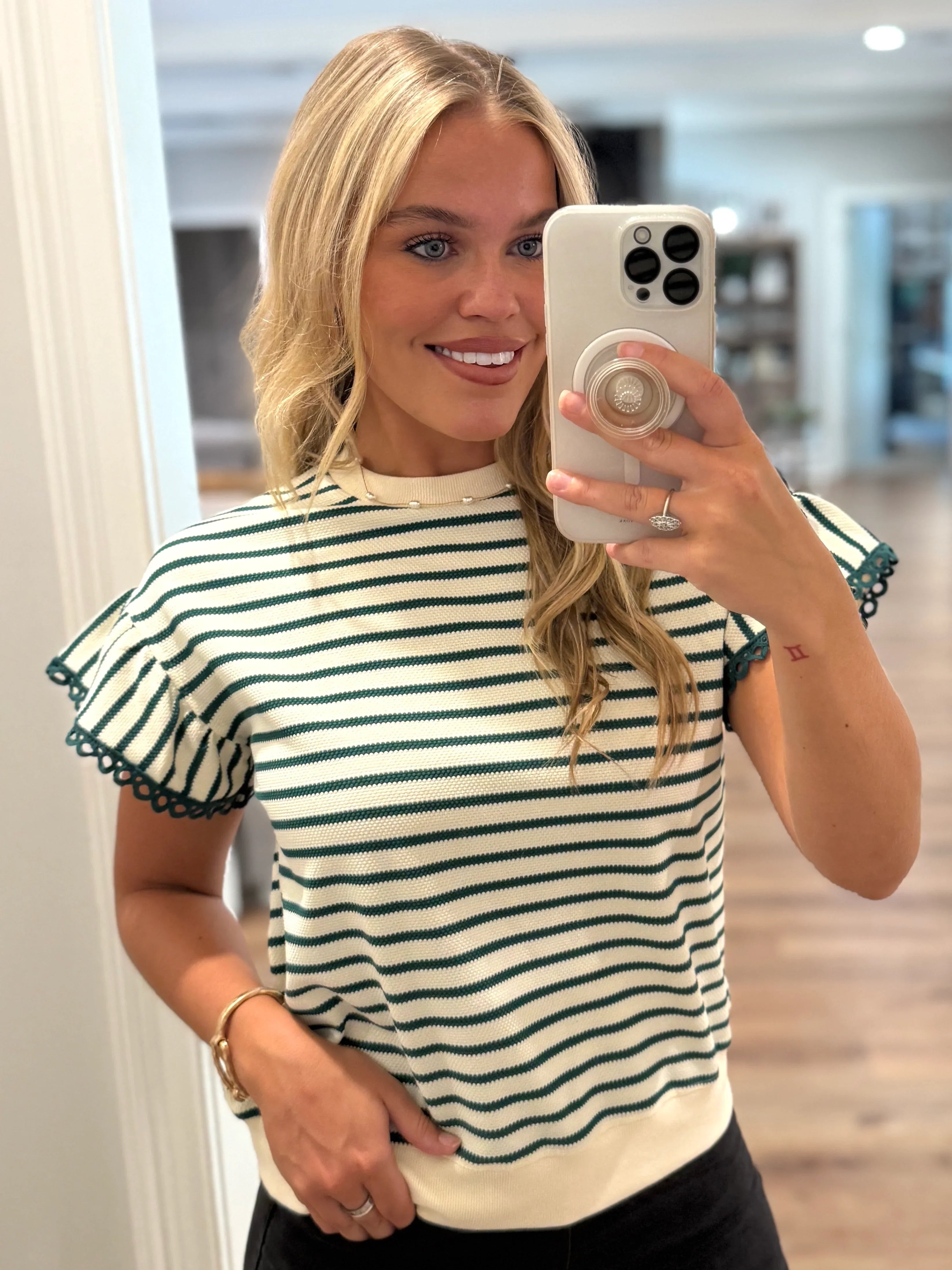 TATUM Green Striped Top With Ruffle Sleeves - Sassy and Southern