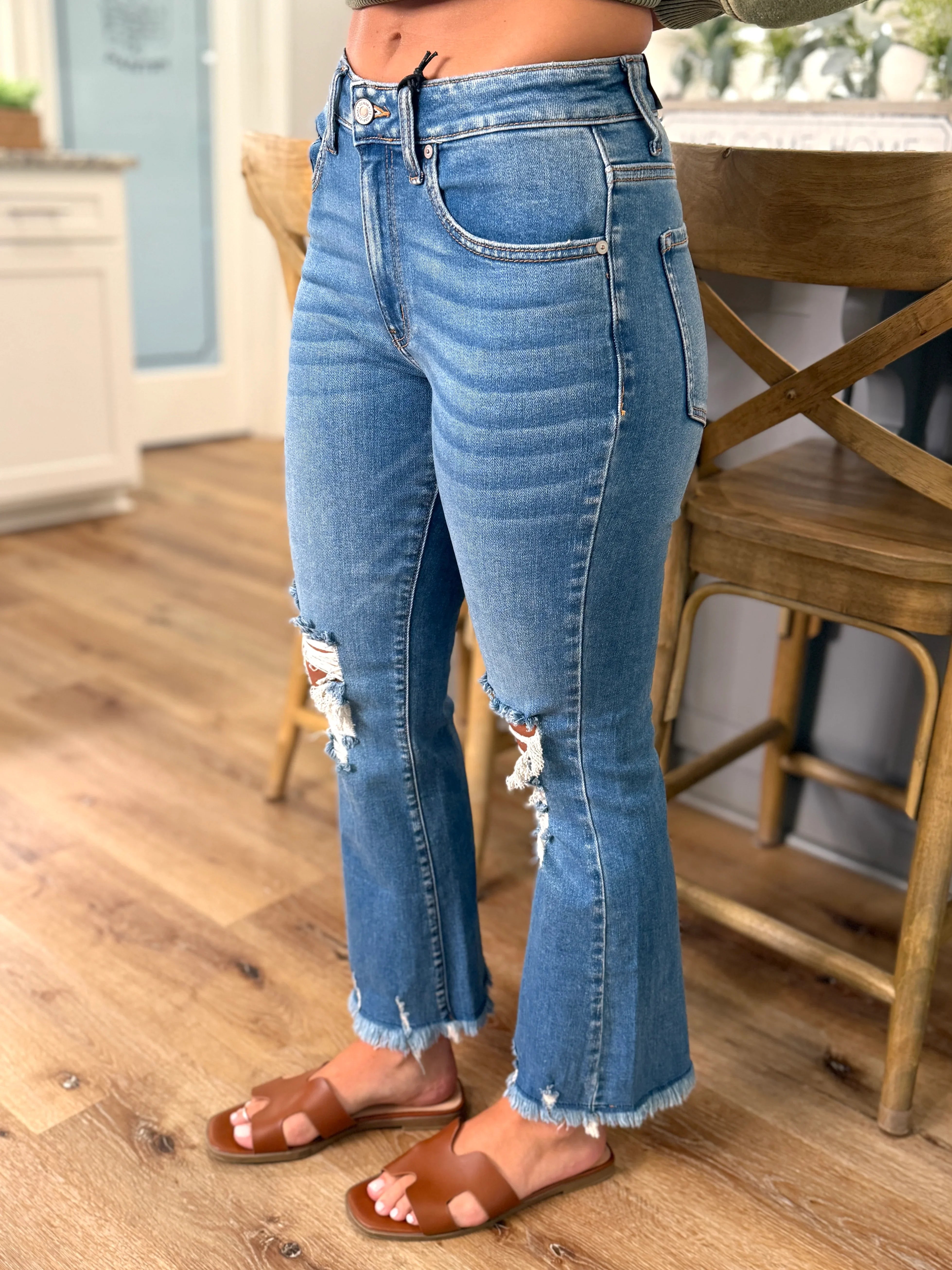 RILEY Distressed Knee Frayed Hem Jeans - Sassy and Southern