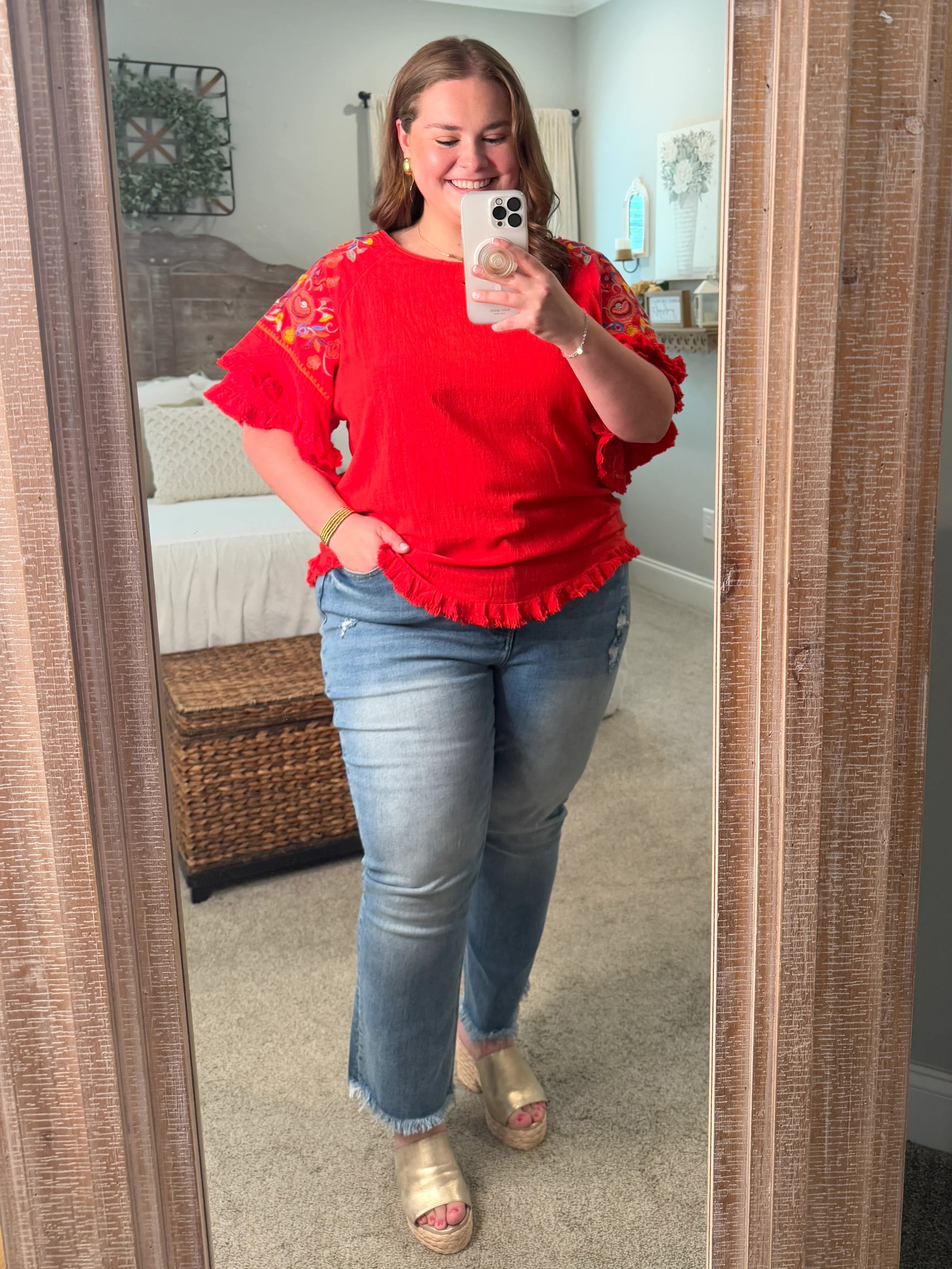 STEVIE Red Embroidered Sleeve Ruffle Top (S-2X) - Sassy and Southern