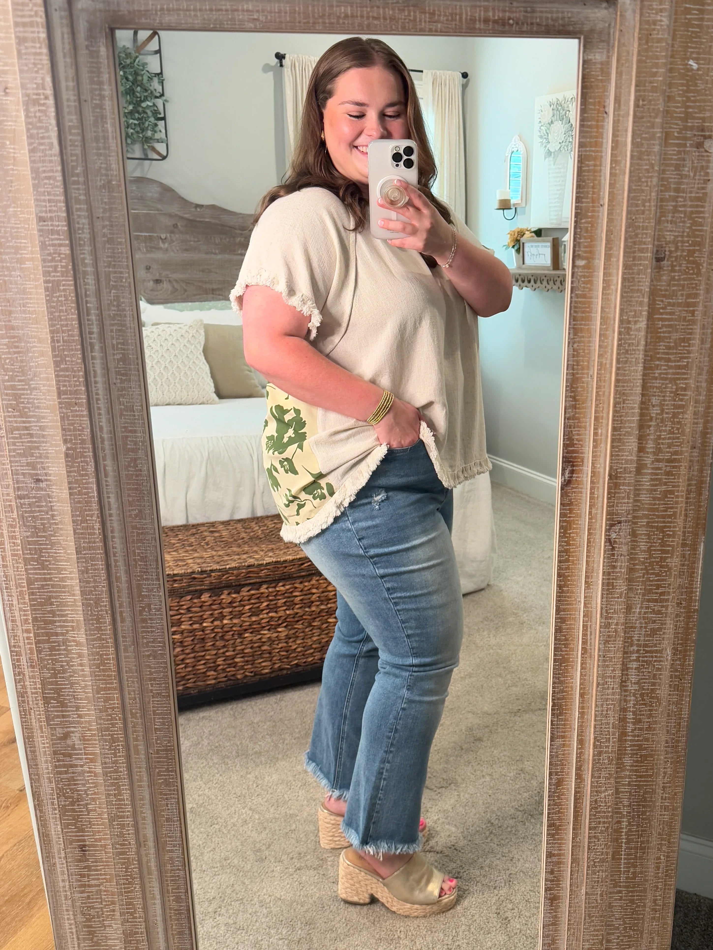 OPHELIA Plus Size Oatmeal Top With Green Design - Sassy and Southern