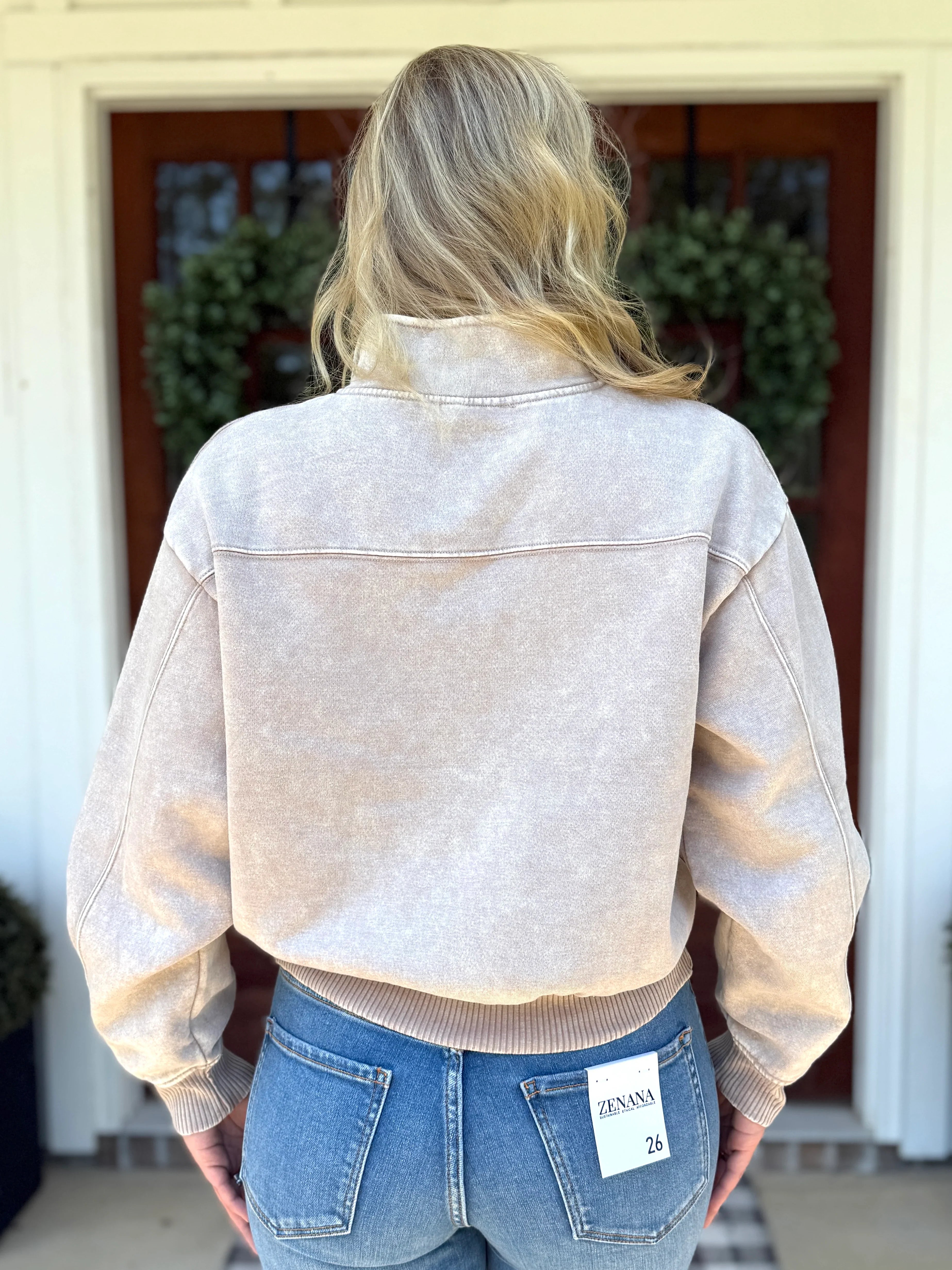 AVERY Half Zip Pullover-Acid Washed (Mocha) - Sassy and Southern