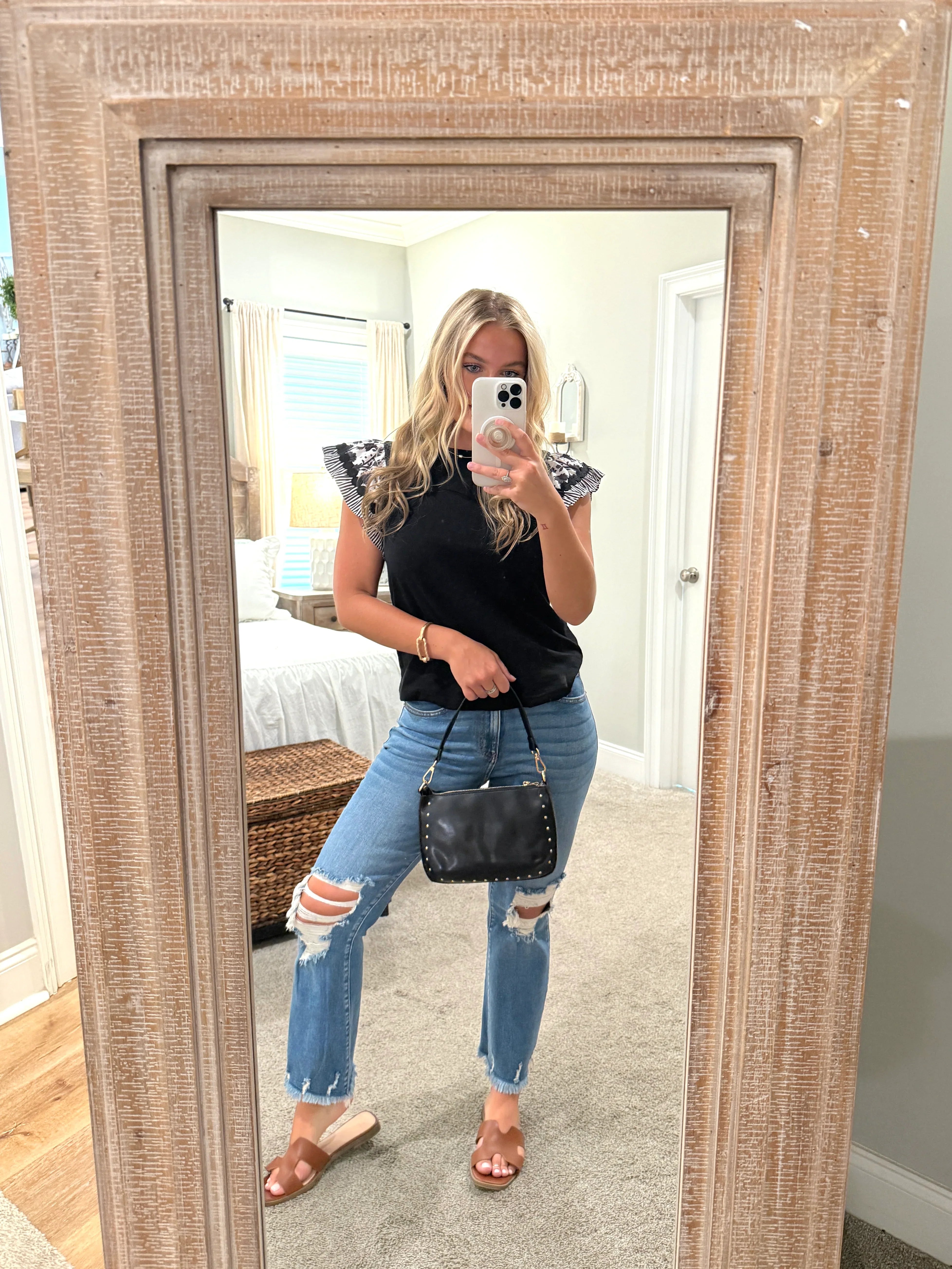 ROWAN Black Top With Floral Ruffle Sleeves - Sassy and Southern