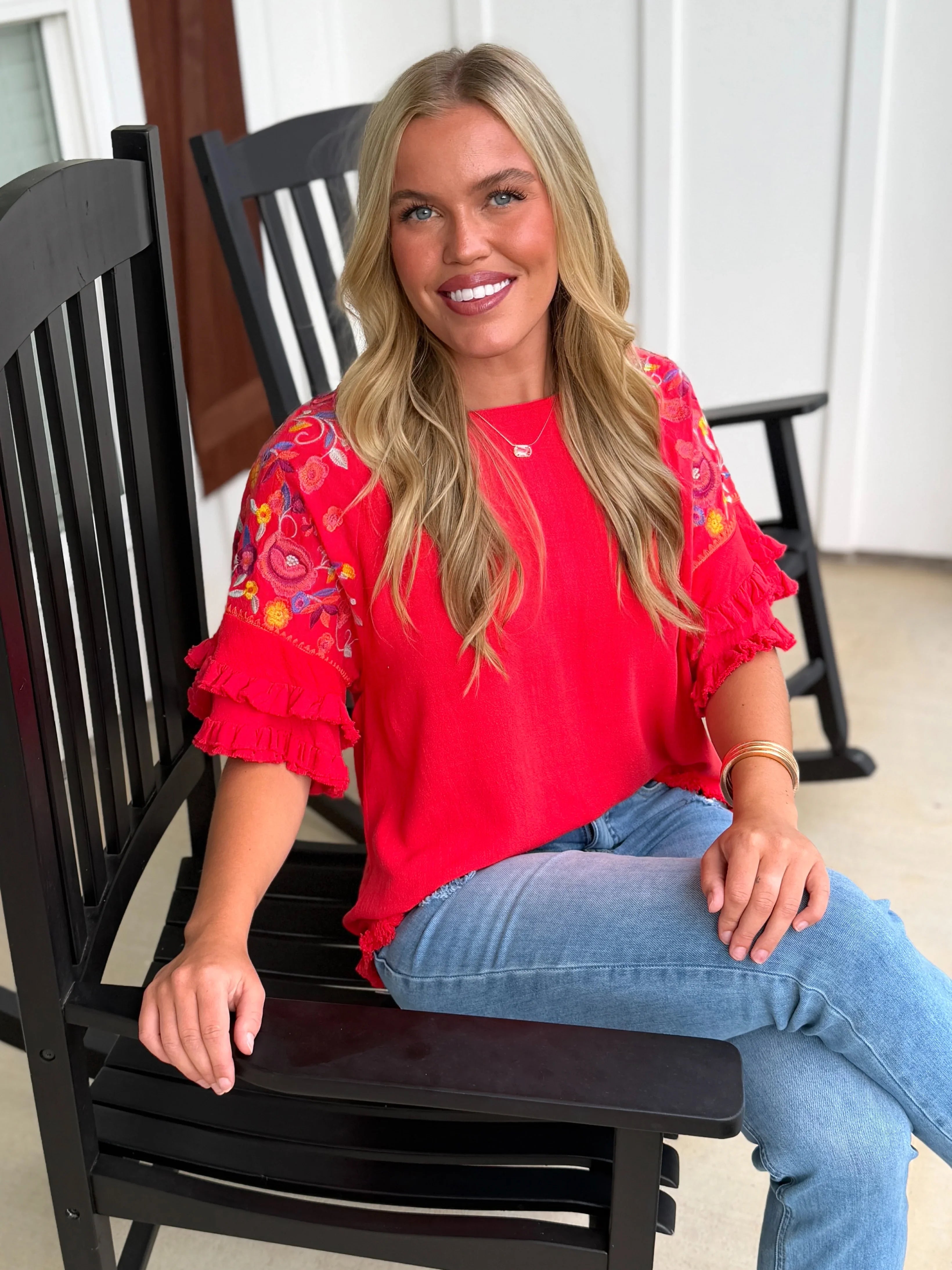 STEVIE Red Embroidered Sleeve Ruffle Top (S-2X) - Sassy and Southern