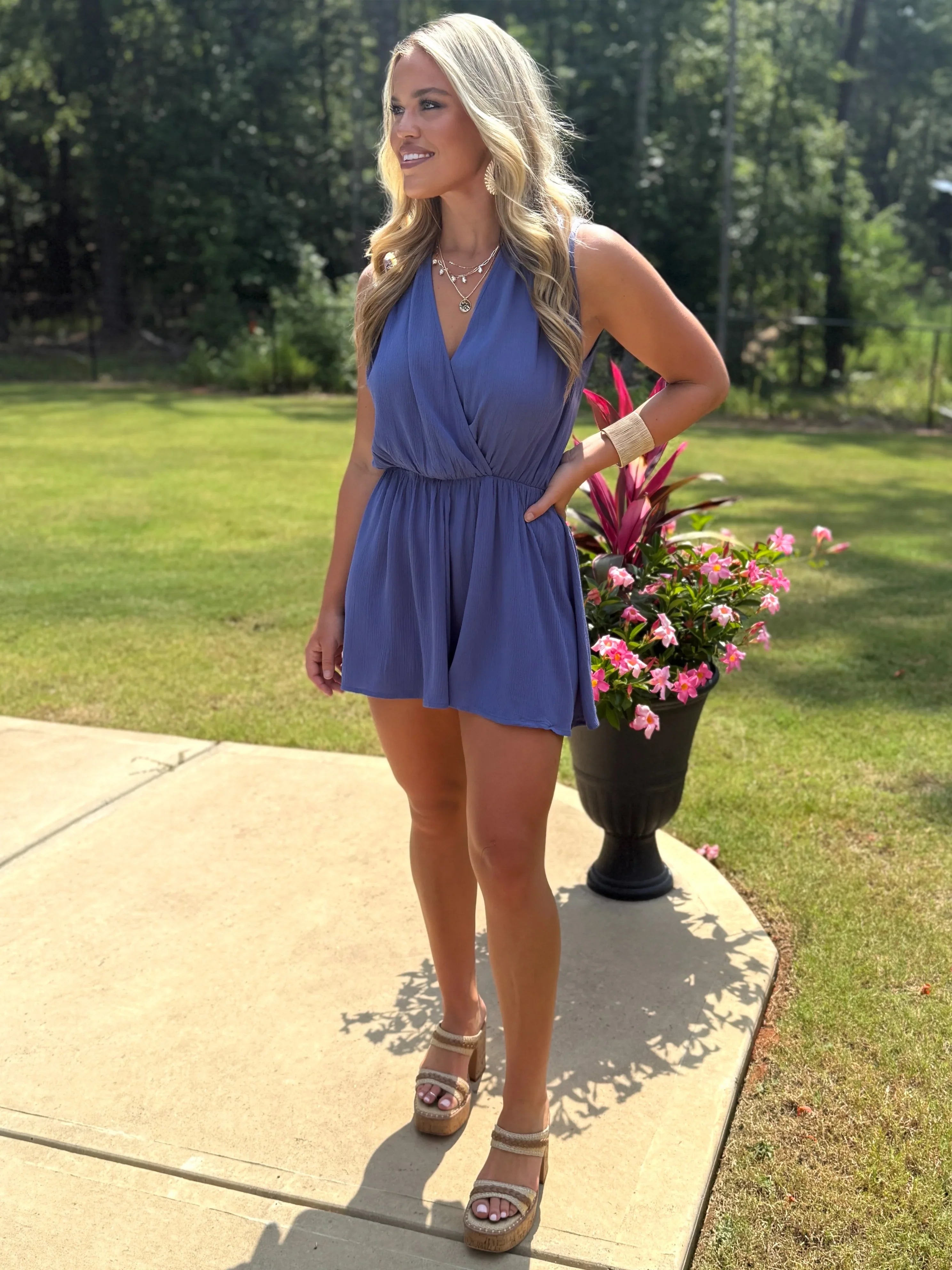 GIANNA Draped Romper (Blue) - Sassy and Southern