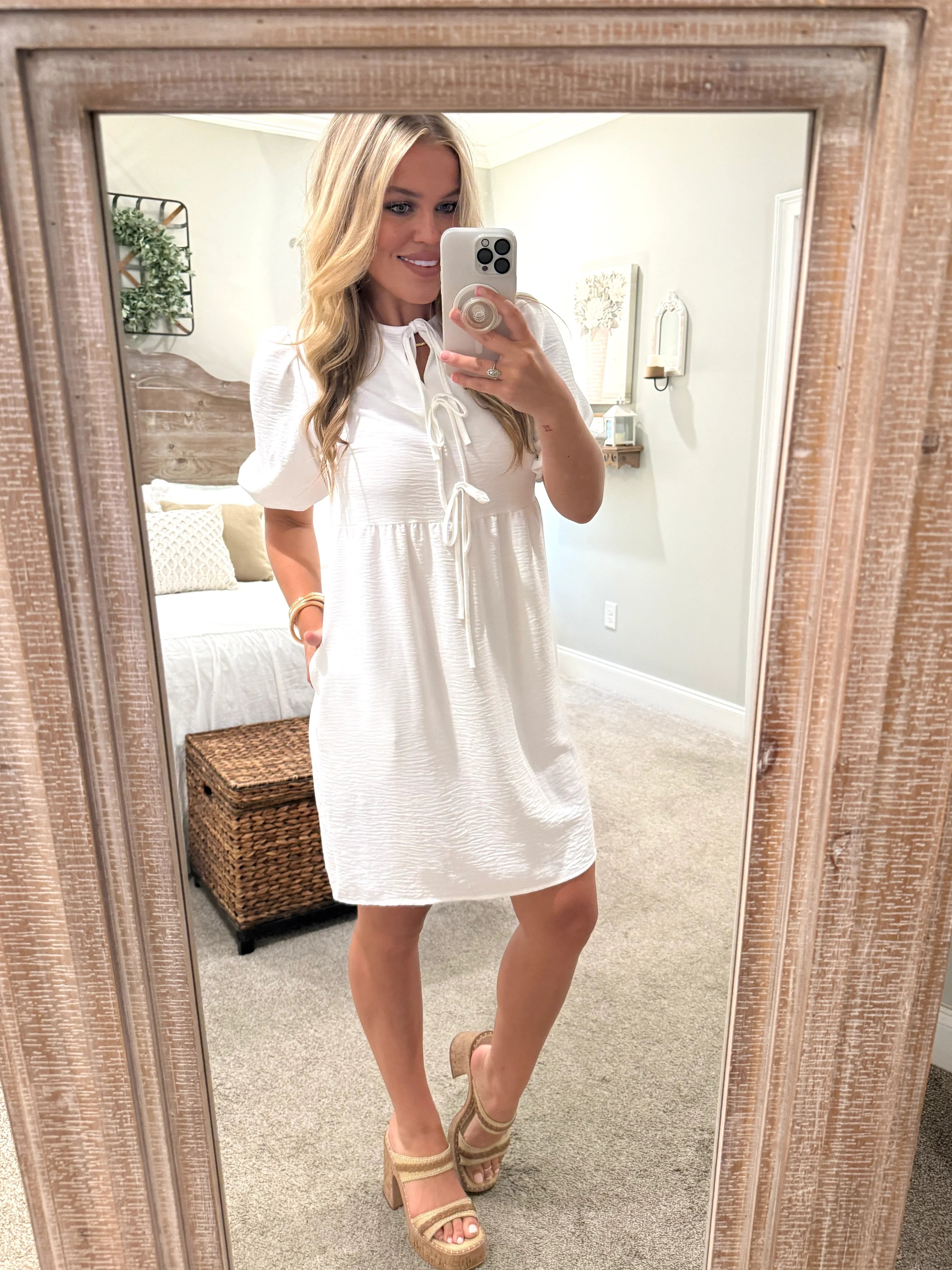 LUCY White Dress With Bow Center - Sassy and Southern
