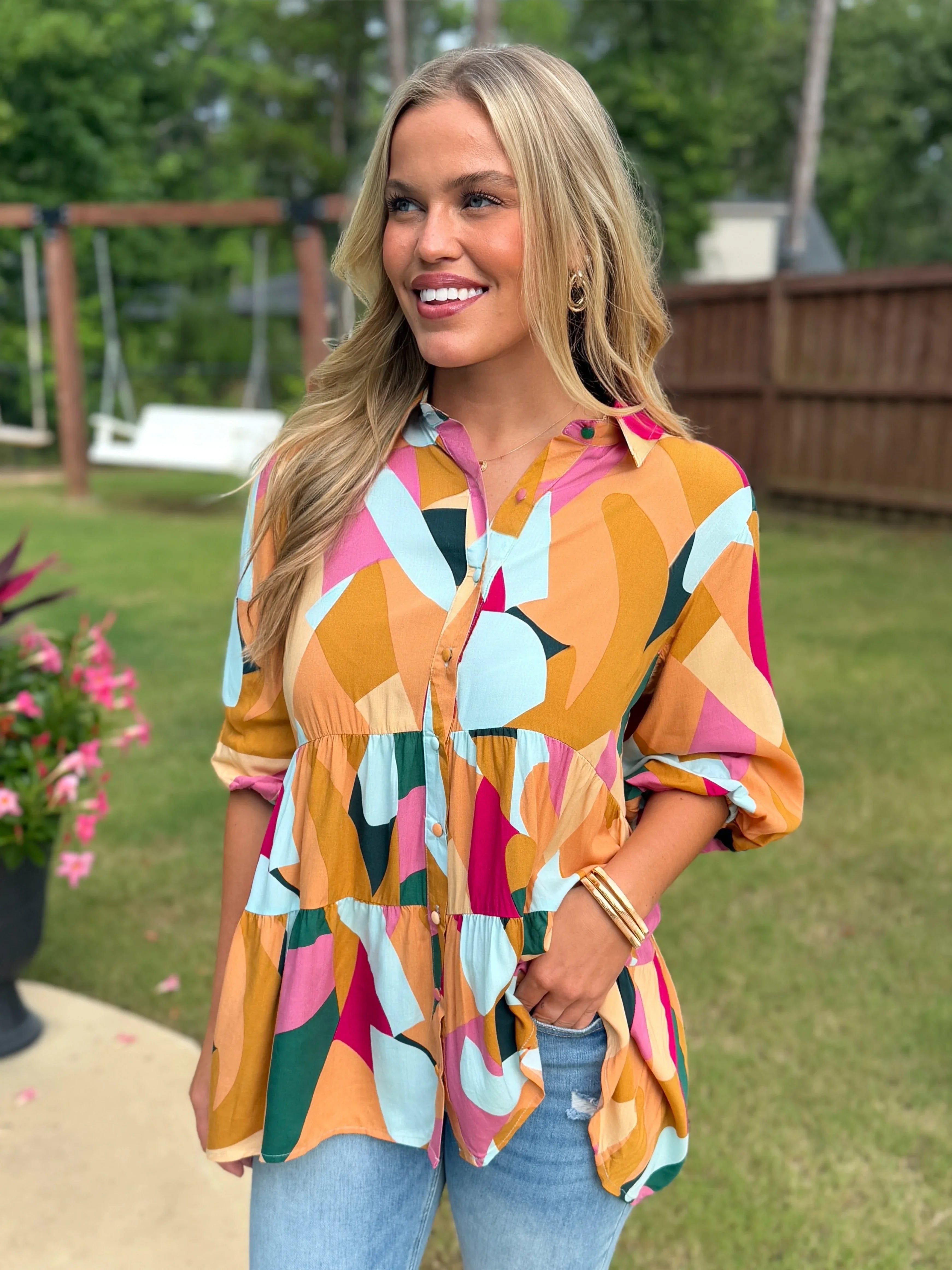 PHOEBE Abstract Button Down Top - Sassy and Southern