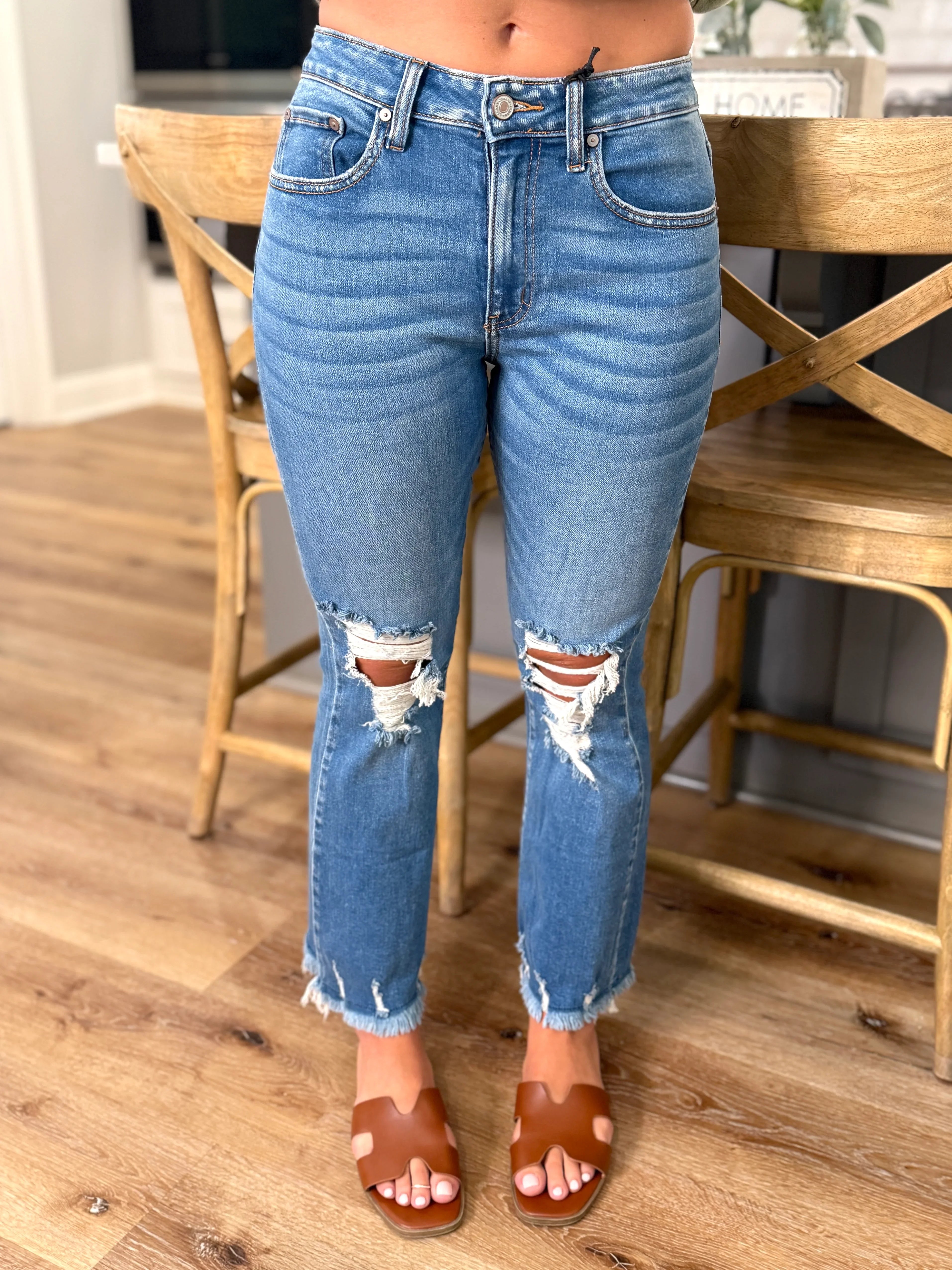 RILEY Distressed Knee Frayed Hem Jeans - Sassy and Southern