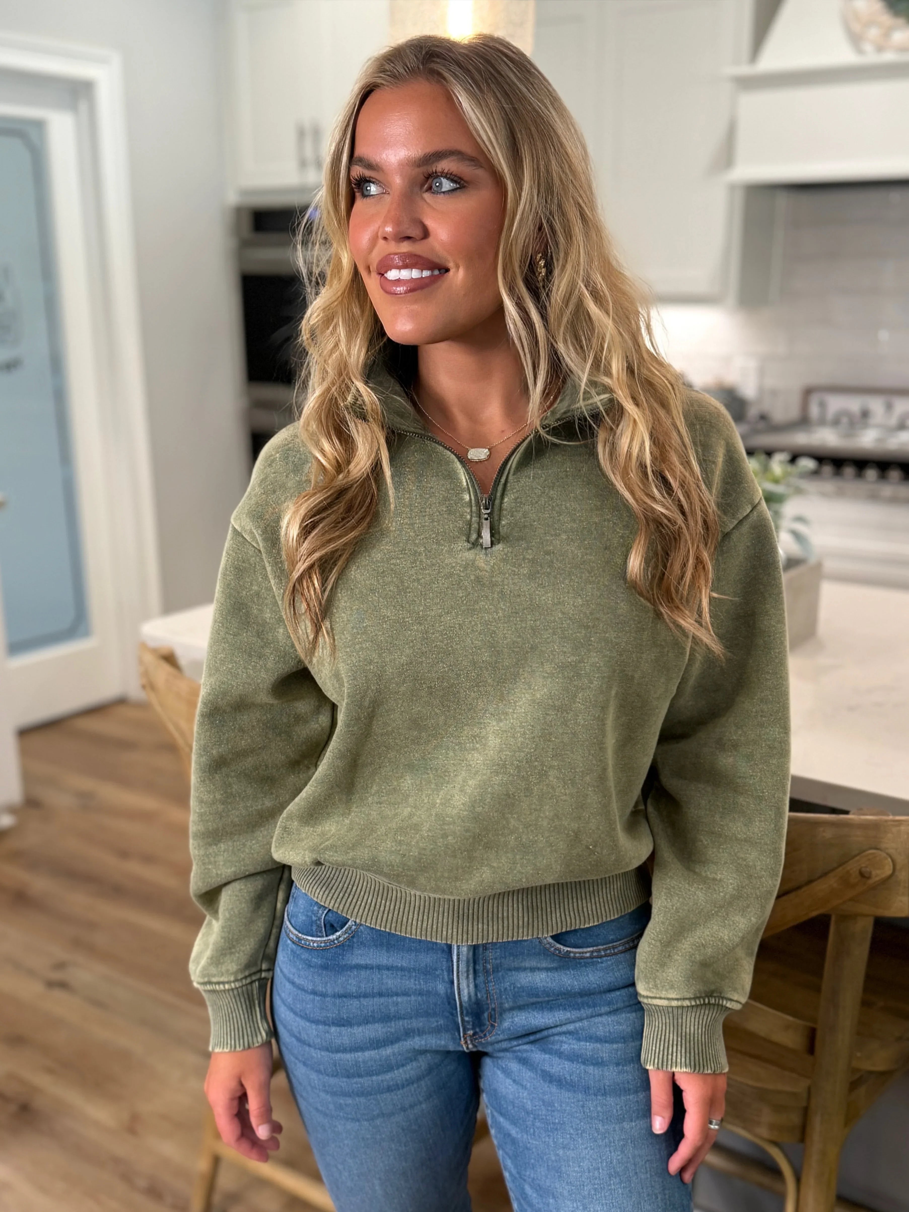 AVERY Half Zip Pullover-Acid Washed (Light Olive) - Sassy and Southern