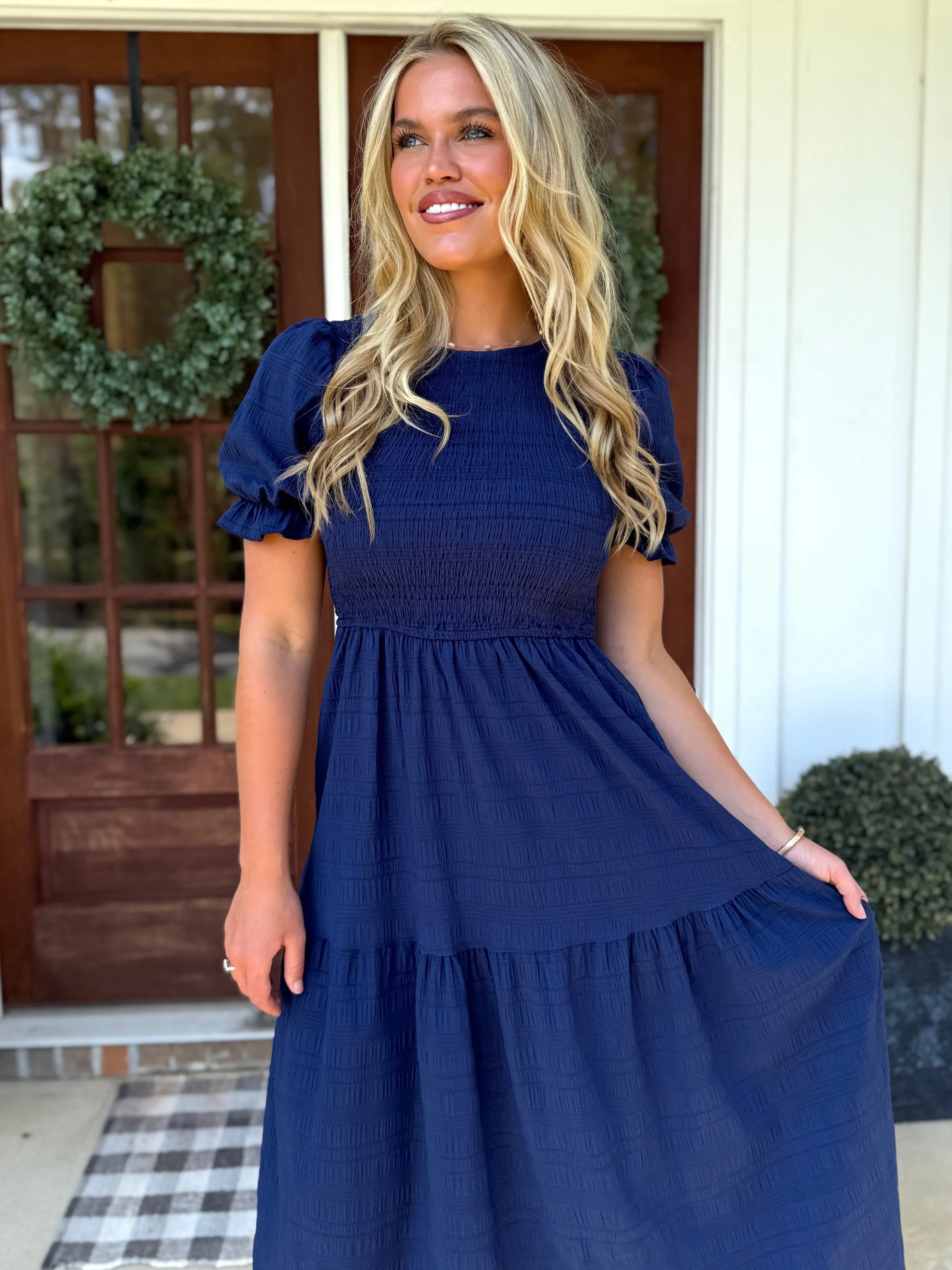 ARIEL Long Textured/Smocked Dress in Blue - Sassy and Southern