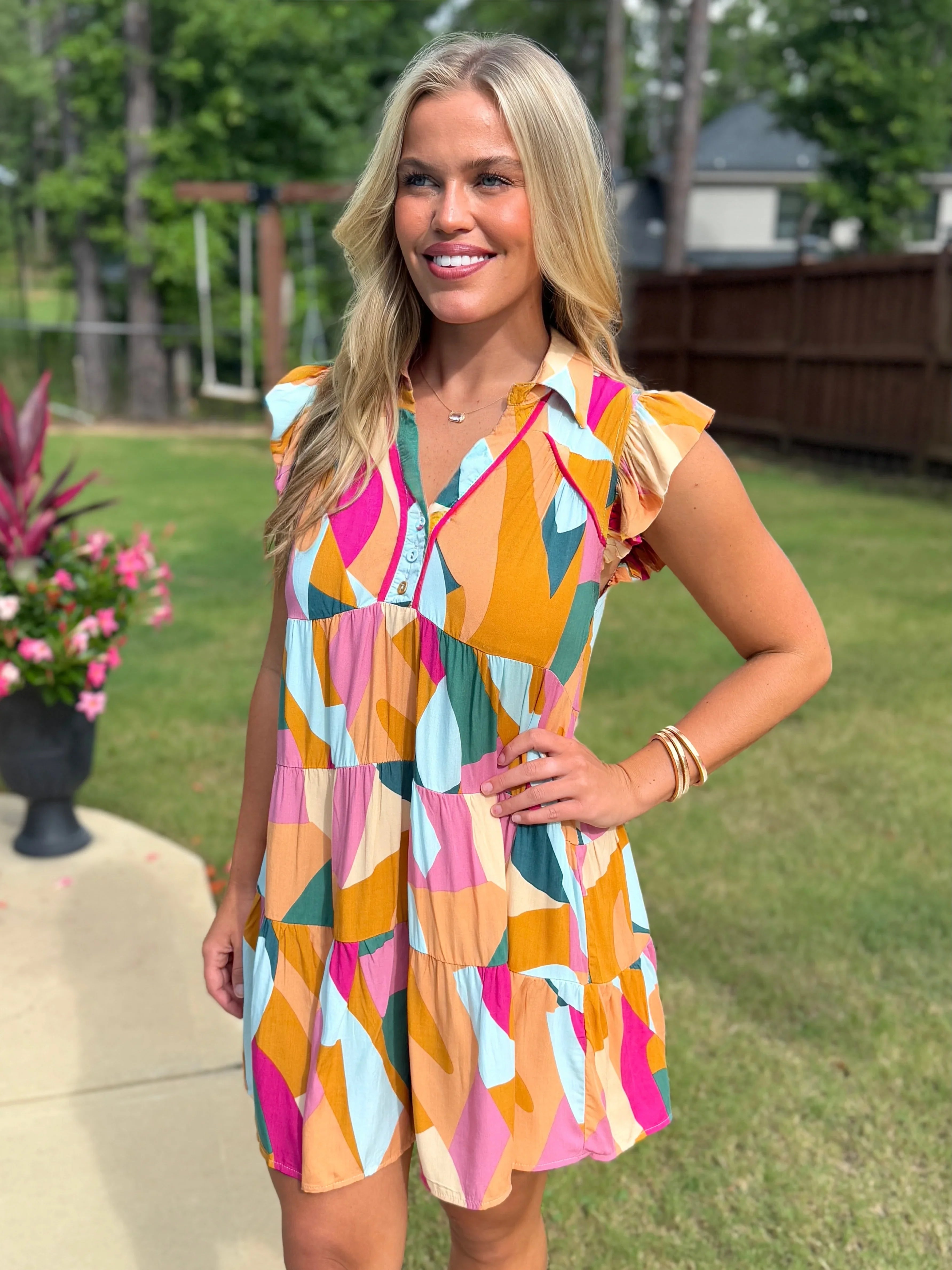 LONDON Abstract Print Ruffle Tiered Dress (S-2X) - Sassy and Southern