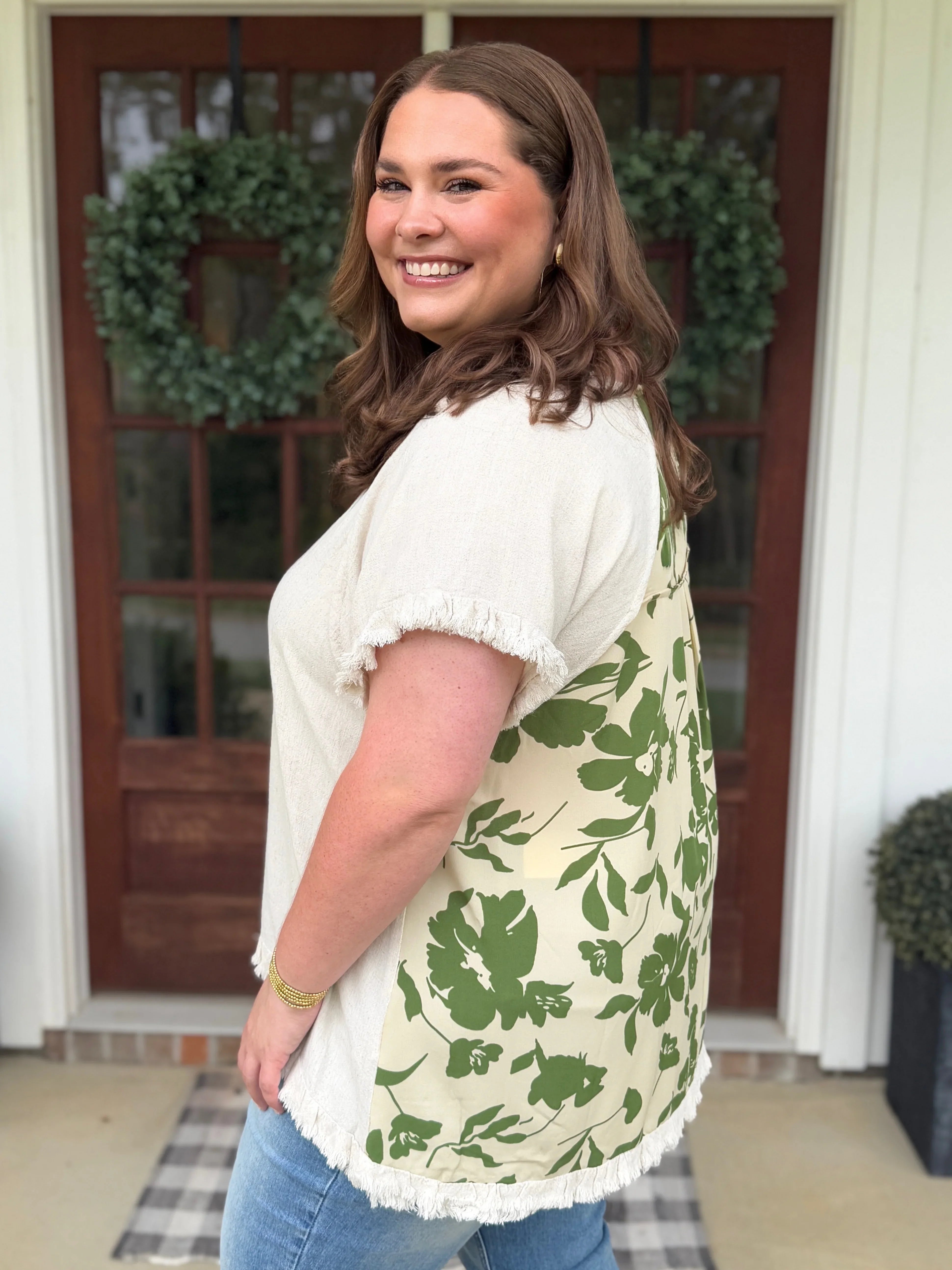 OPHELIA Plus Size Oatmeal Top With Green Design - Sassy and Southern