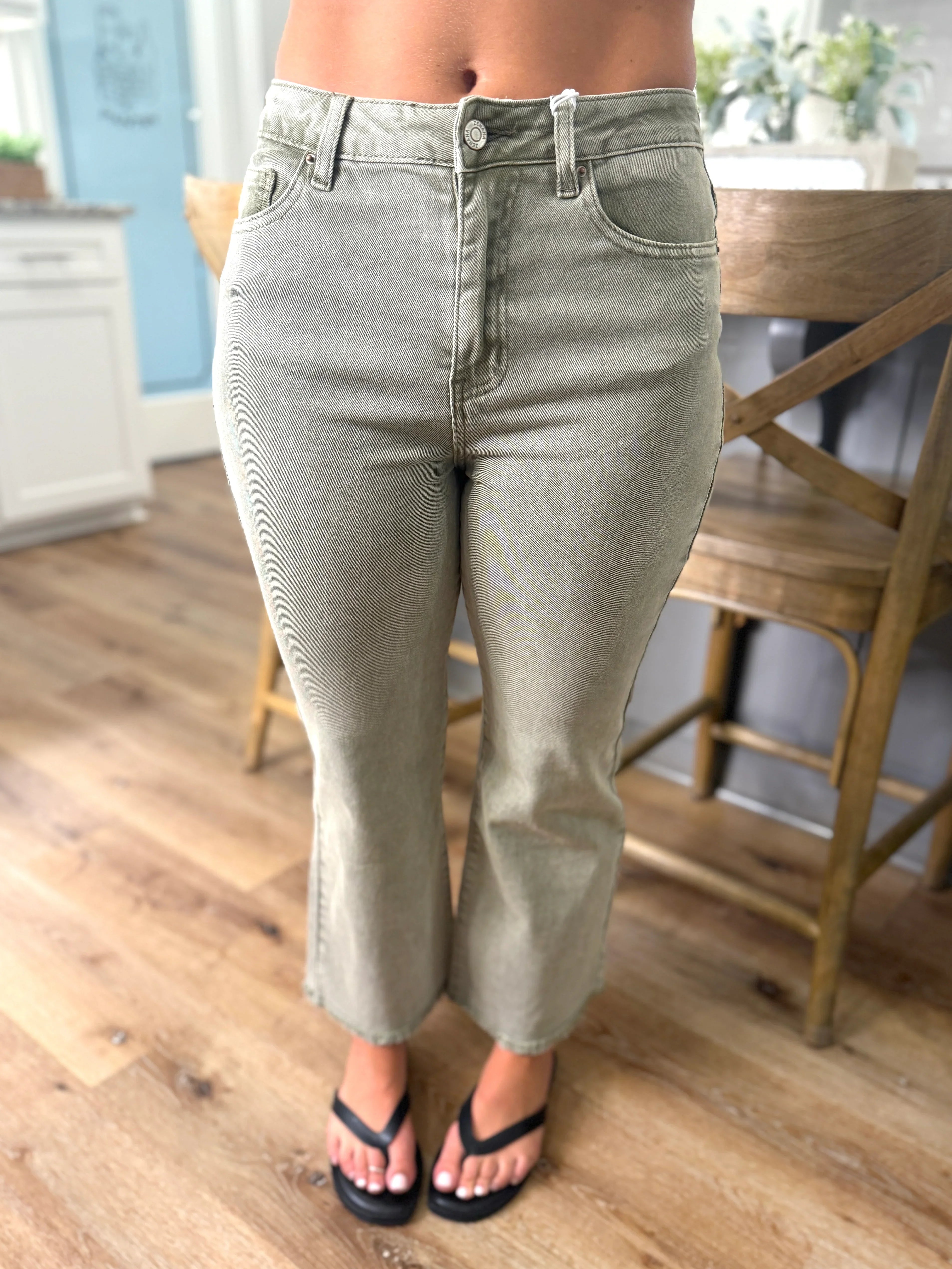 PARKER High Waist Frayed Hem Jeans (Light Olive) - Sassy and Southern