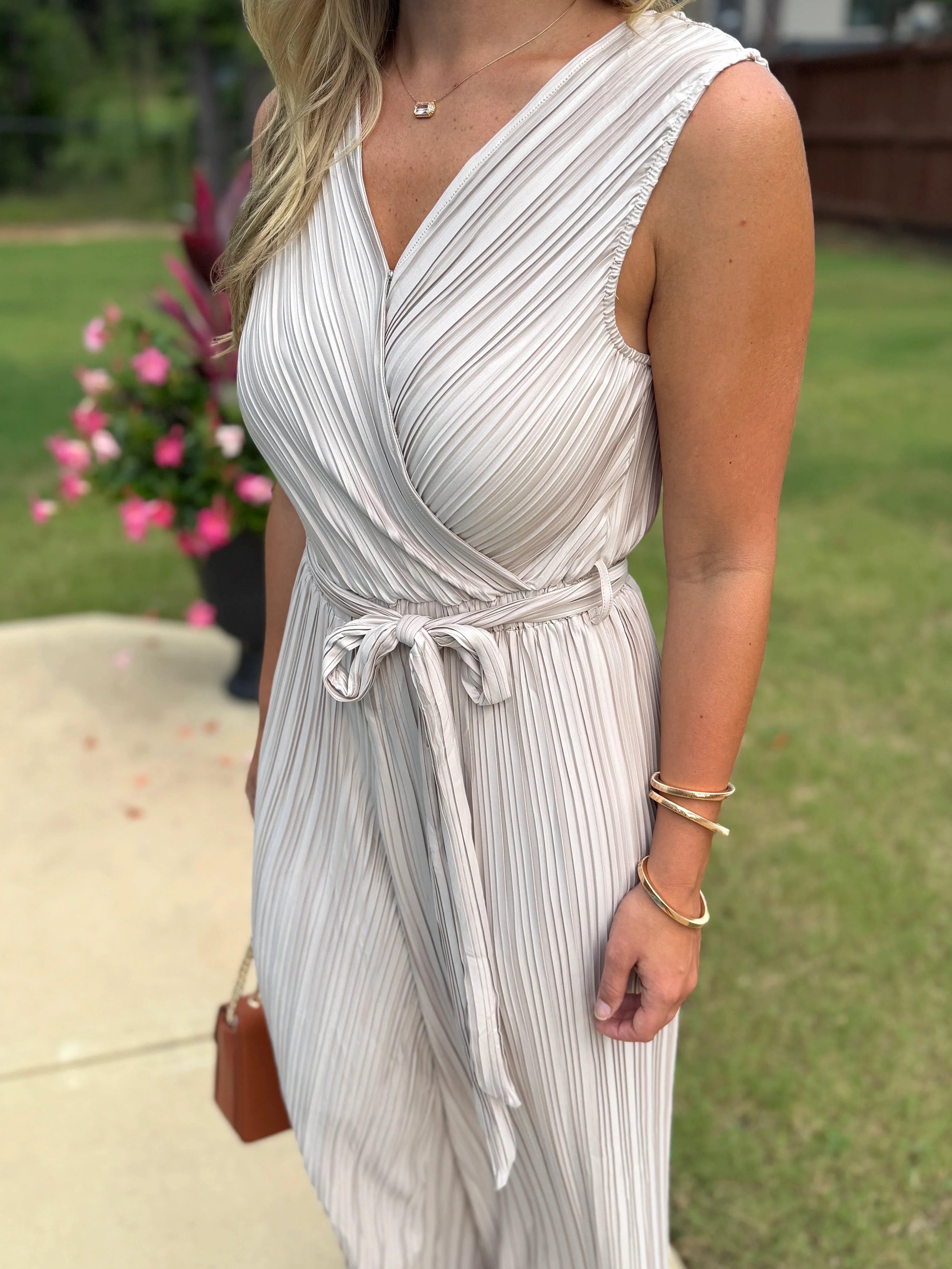 KYLIE Sleeveless Crinkle Jumpsuit (Taupe) - Sassy and Southern