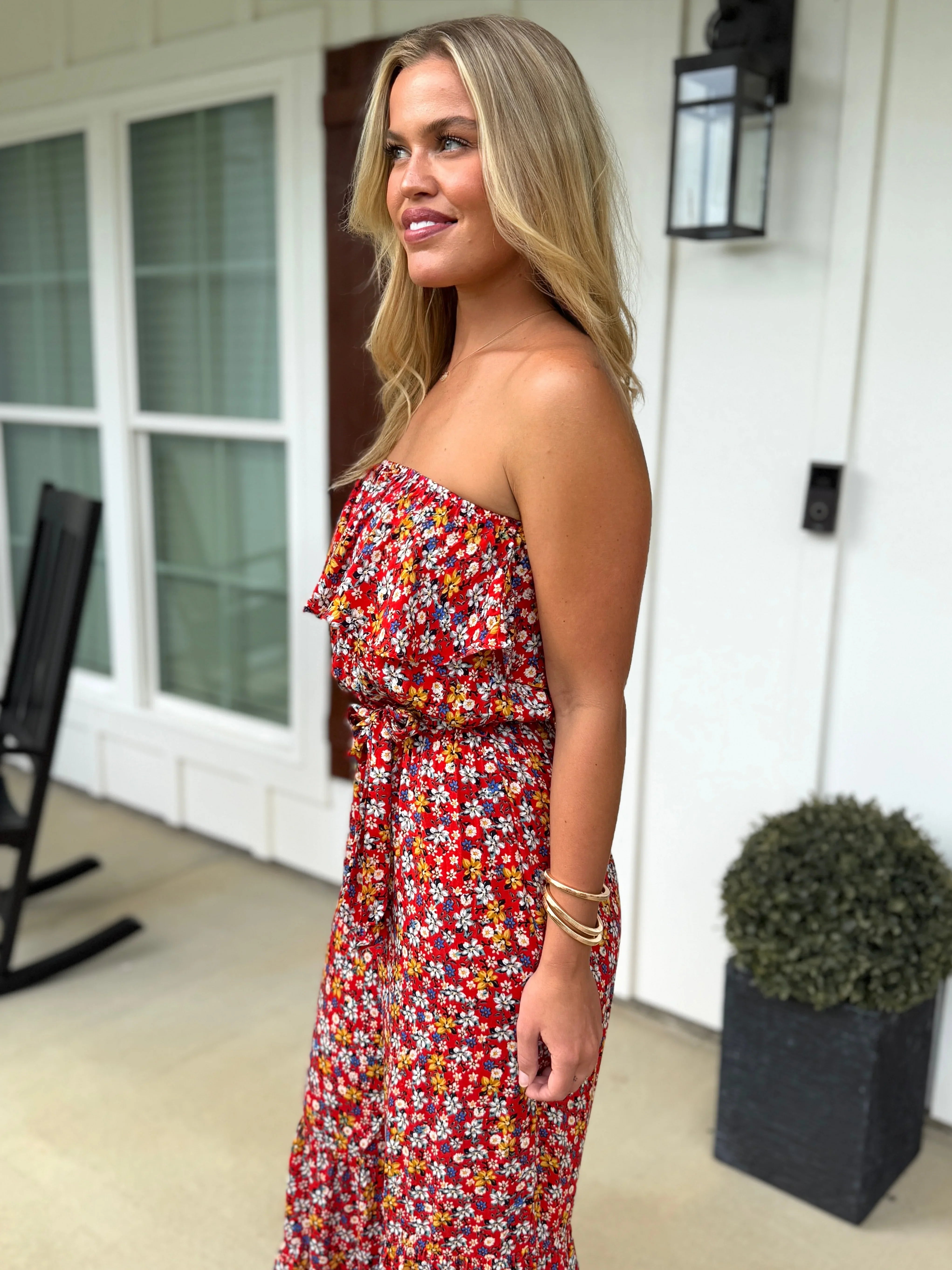 MARIA Floral Print Strapless Jumpsuit (Red mix) - Sassy and Southern