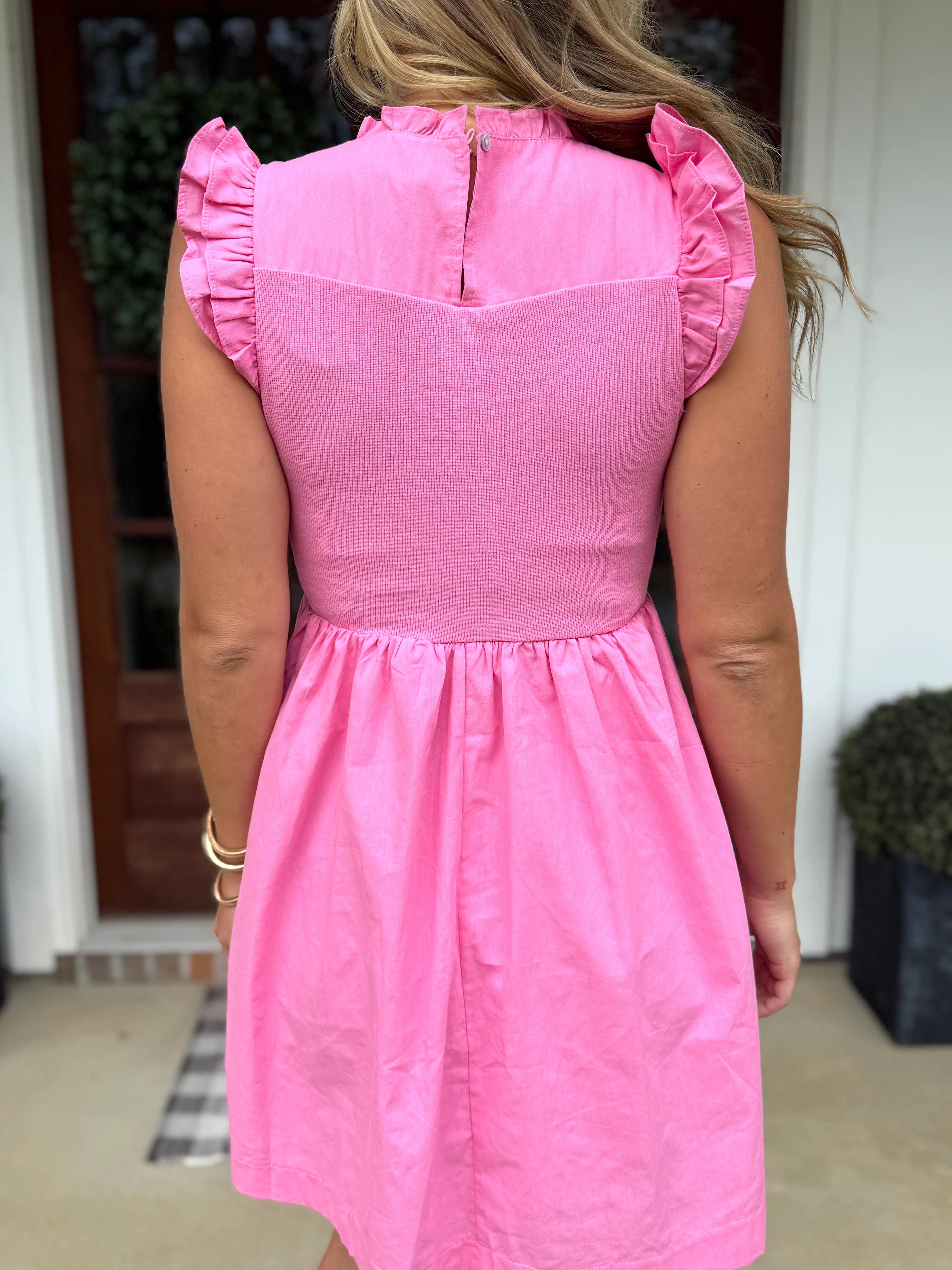 GRACE Embroidered Sleeve Ruffle Dress (Pink) - Sassy and Southern