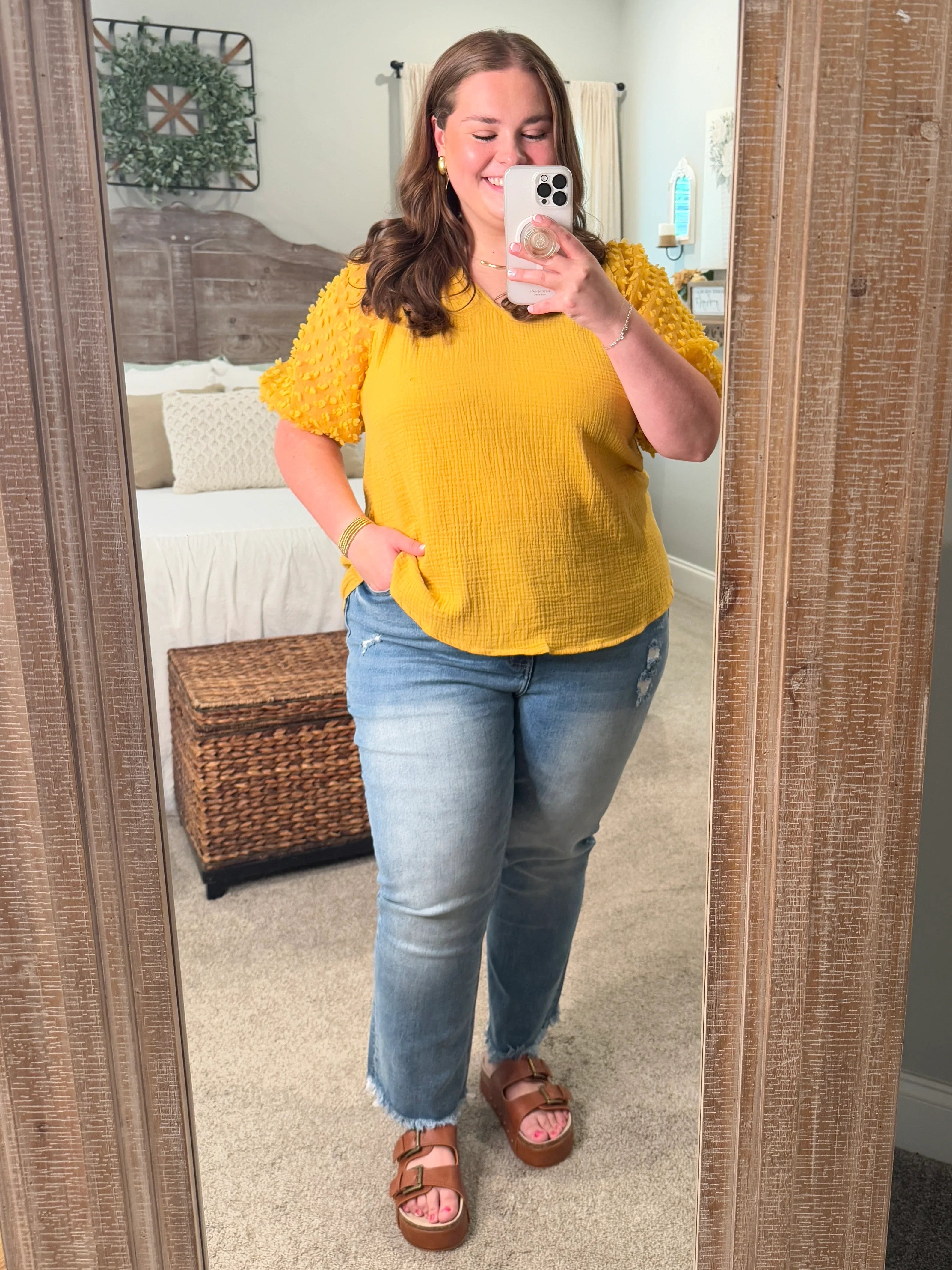 HOPE Plus Size Puff Sleeve Linen Top (Honey) - Sassy and Southern